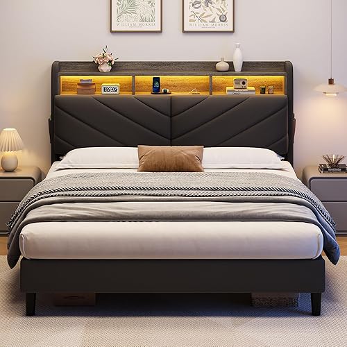 Miniatura 9 de Base de cama de terciopelo de tamaño matrimonial con cabecera ergonómica, plataforma tapizada con luz LED y estación de carga, soporte de listones