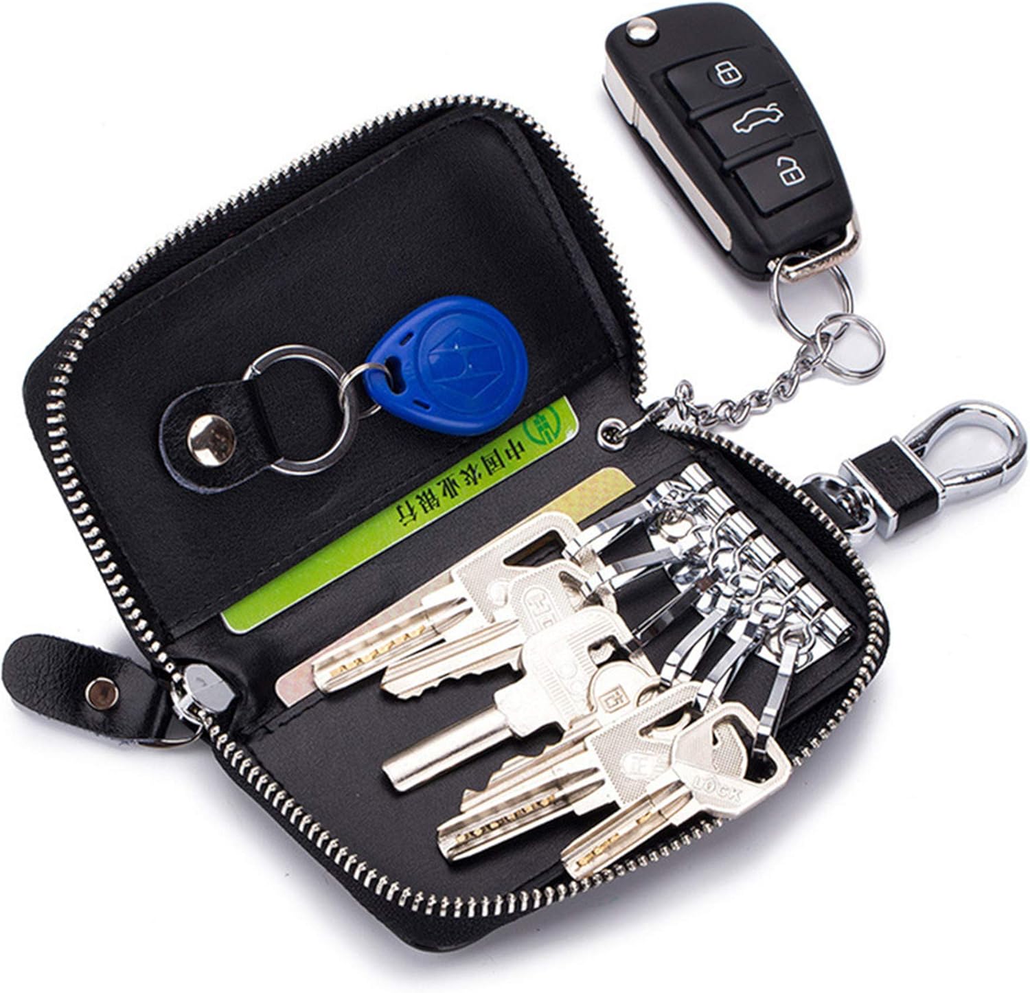Genuine Leather Key Holder Bag with 2 Card Slot & 6 Hooks & 1 Access Card,Key Case Car Key Holder Wallet for Men Women - Image 3