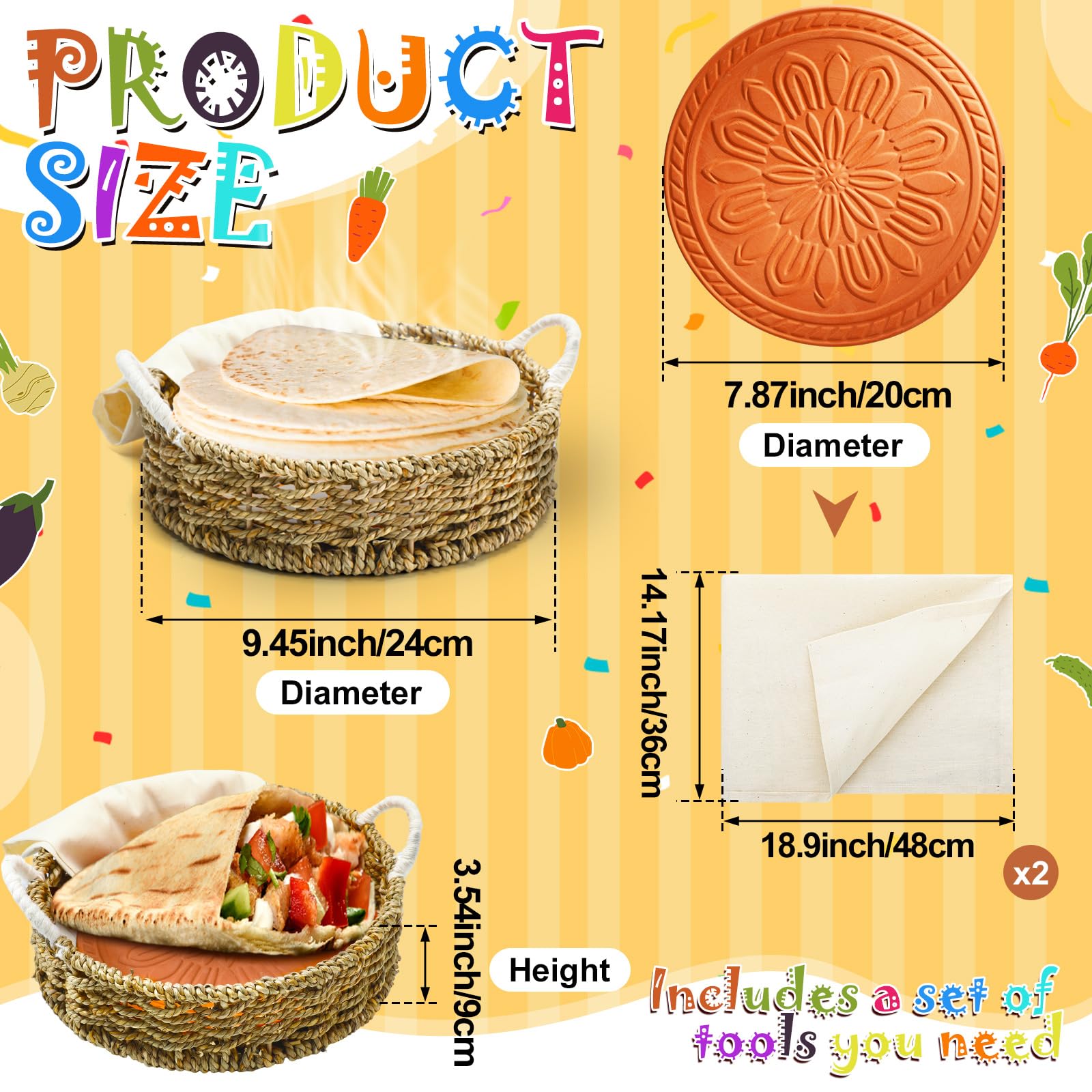 Bread Warmer Basket with 7.87'' Stone Tortilla Warmer 9.45'' Bread Baskets for Serving Mexican Terracotta Round Heating Plate Circular Rustic Bun Heat up Mat for Mexican Taco, Sourdough Buns