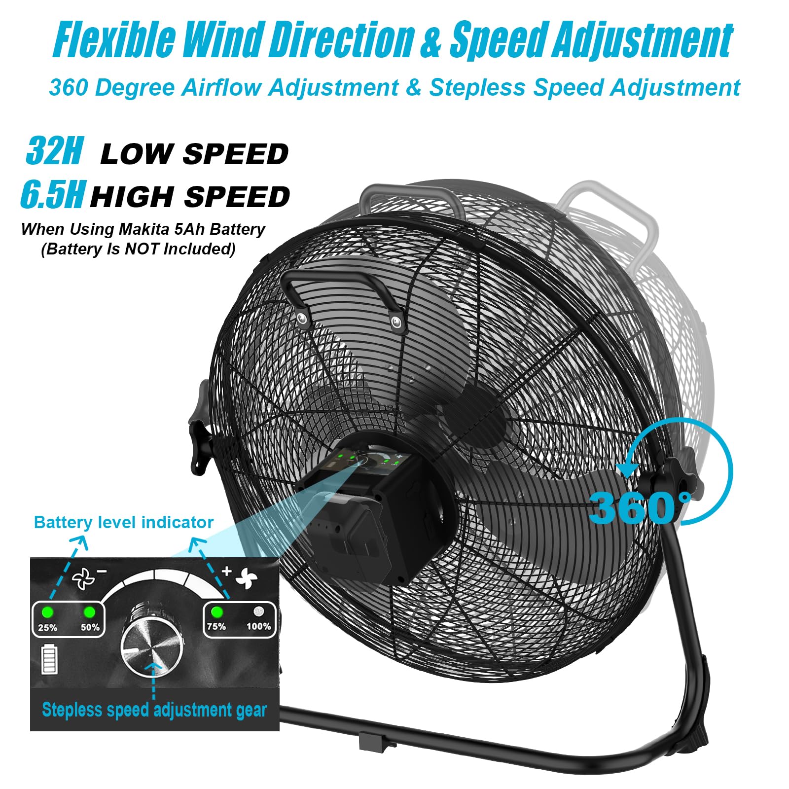 NATPOW Ventilateur Compatible avec Makita 18V, 15W Brasseur d'air avec Type C et USB, 30 cm Ventilateur de Sol, Adaptateur 1,5 m Inclus, Silencieux pour Camping, Plage, Pêche, Chantier, sans Batterie