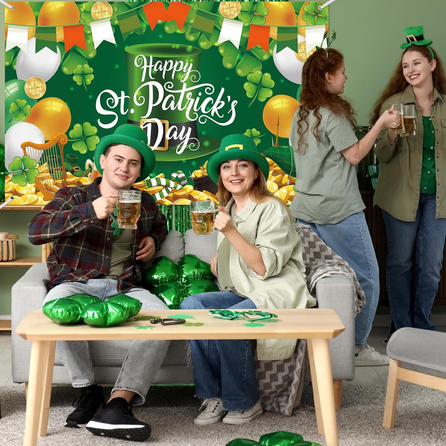 2Pcs St. Patrick's Day Backdrop Banner and Happy Easter Banner Green Shamrock Bunny Easter Egg Backdrops for Spring St. Patrick's Day Party Decorations 70.8x 43.3 inch