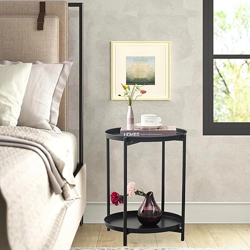 Miniatura 2 de Joveco Mesa auxiliar redonda pequeña, mesa auxiliar plegable de metal de 2 niveles con bandeja extraíble, mesita de noche moderna para sala de estar