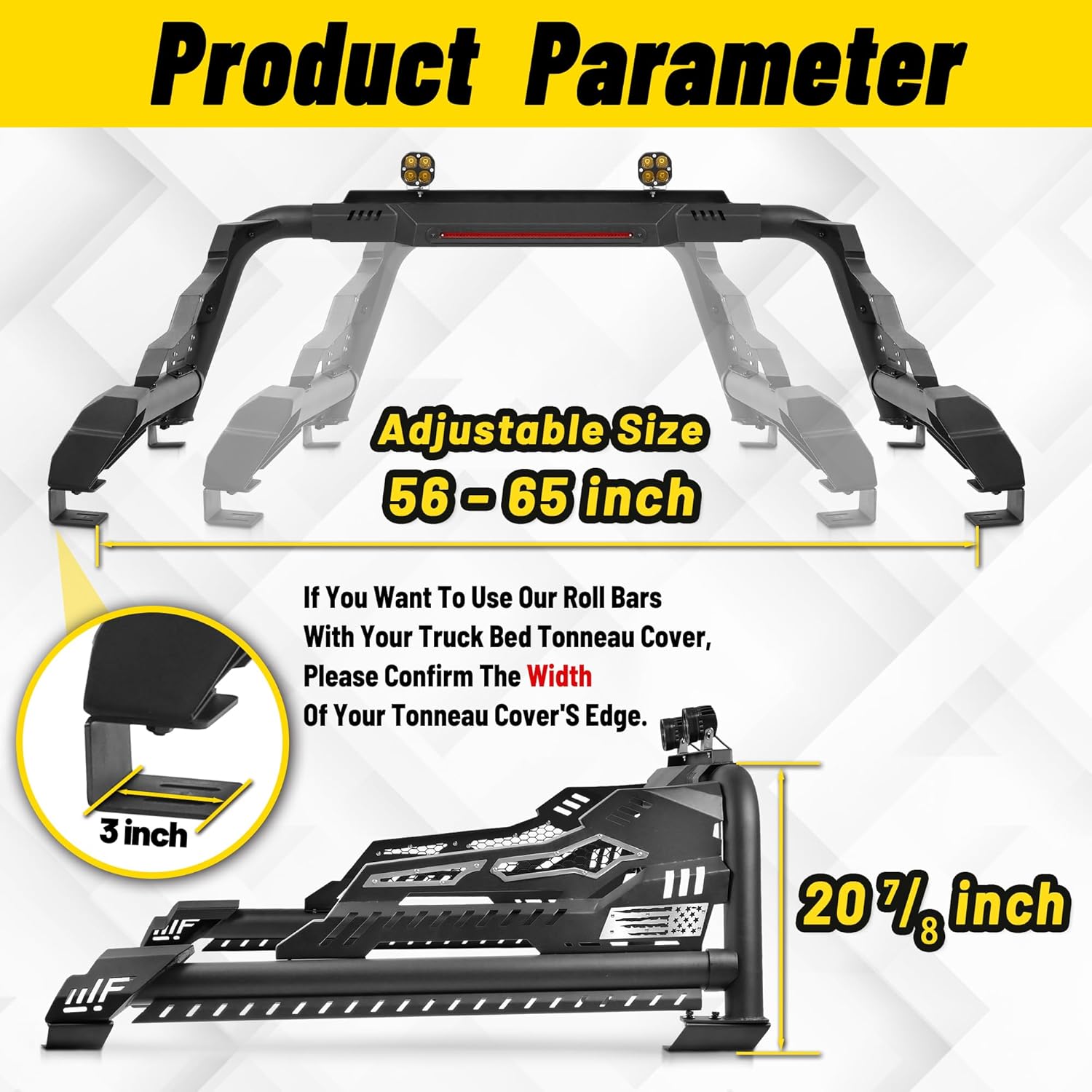 MONOKING DIY Flag Adjustable Roll Bar with Pod & 3rd Brake Light, Chase Rack Compatible with Tonneau Cover for Mid & Full-Size Truck Gladiator Tacoma F150 Raptor Ram 1500 Silverado Sierra 1500 Tundra