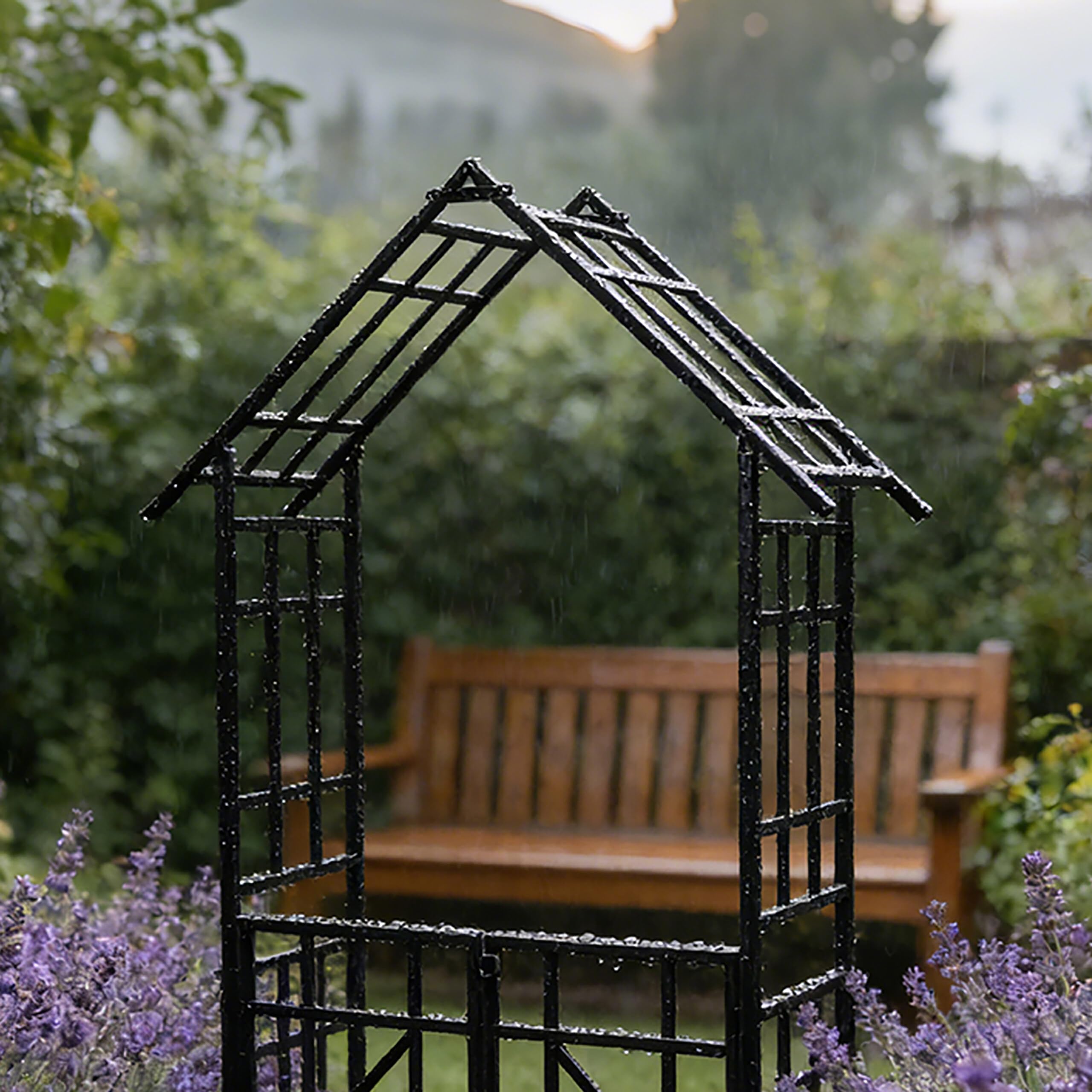 Relaxdays Rosenbogen mit Tor, 2 Pflanzeinfassungen, Vorgarten & Garten, Torbogen HBT: 247 x 204 x 43 cm, Metall, schwarz