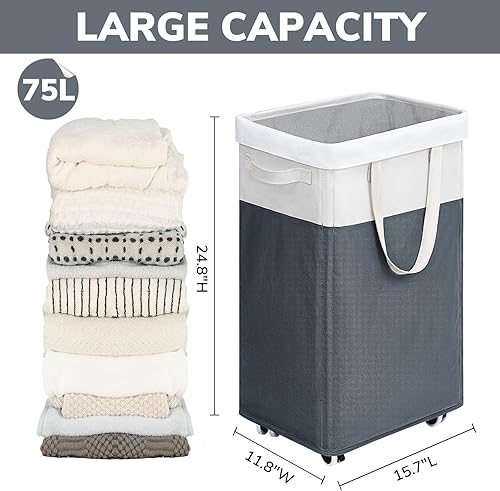Miniatura 69 de Goodpick Laundry Baskets with Wheels and Handle, 2-Pack 75L Collapsible Laundry Baskets, Clothes Laundry Basket with Removable Wash Bags for Corner