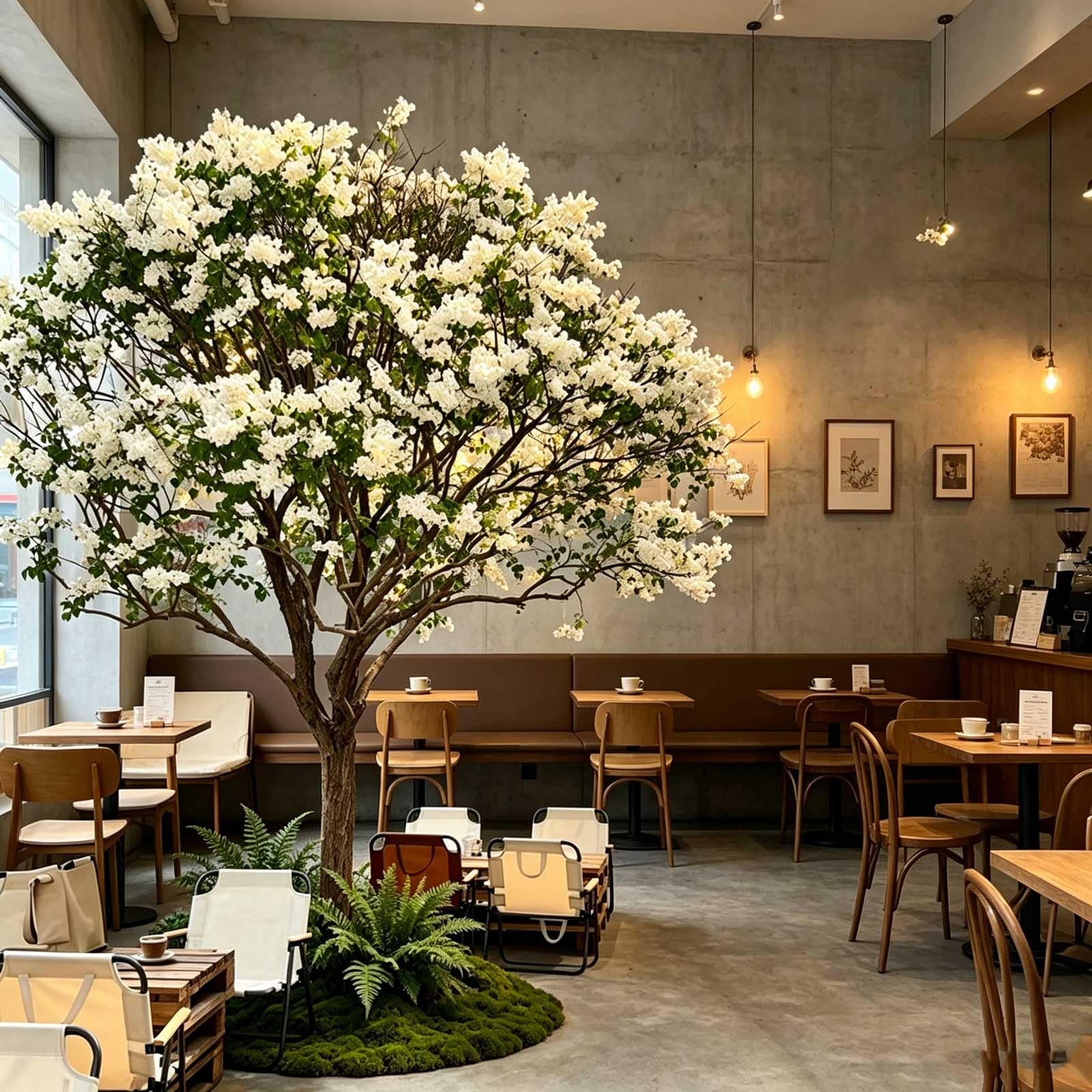 KIBONCY Large Spreading Canopy Artificial Fringe Tree, Abundant White Hanging Flower Clusters Fake, Minimalist Industrial Cement Wall Scene Decorative Plant(4x3m)