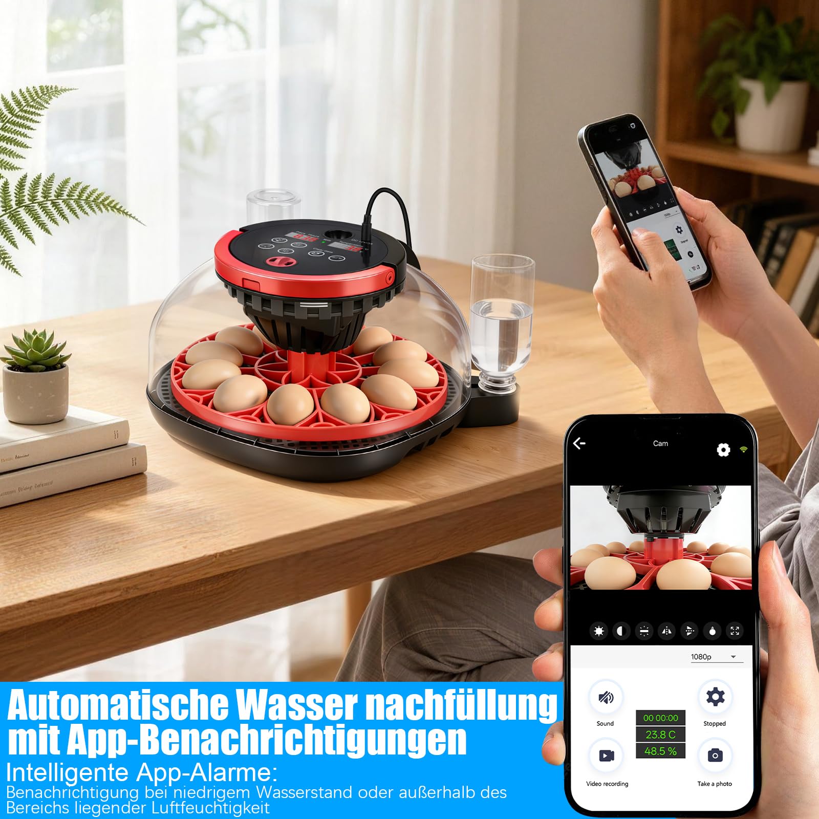 Incubadora automática de 12 huevos con cámara HD 1080, incubadora de pollos con mando a distancia mediante aplicación inteligente, espátula automática y control de temperatura, control de temperatura