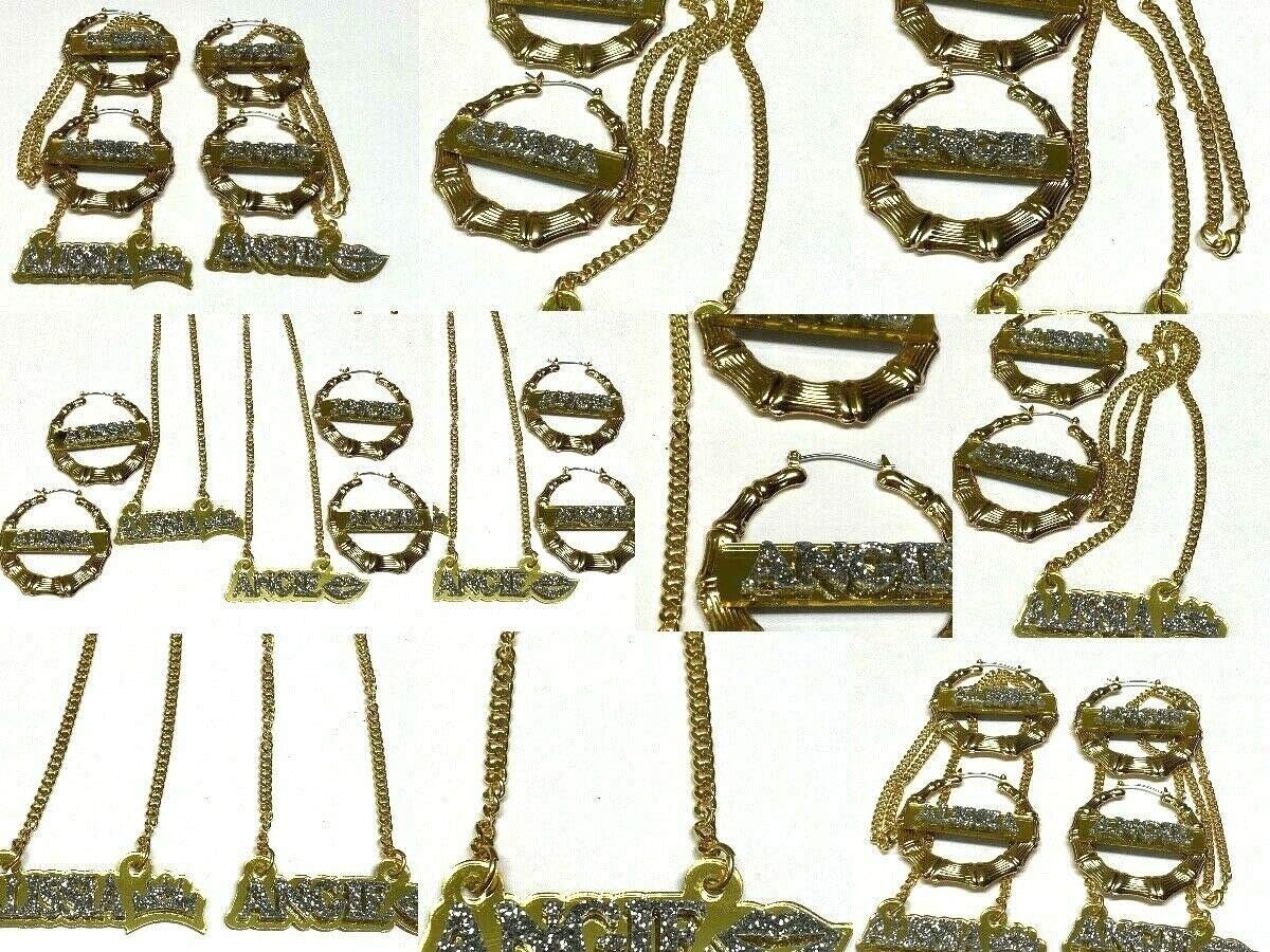 MIRROR MANIA Personalized Matching Necklace With Gold Chain and Earrings Set Name Plate Custom Name Nameplate Name Laser Cut, Diamond Look, Made To Order Any Name - Dazzling and Stunning!