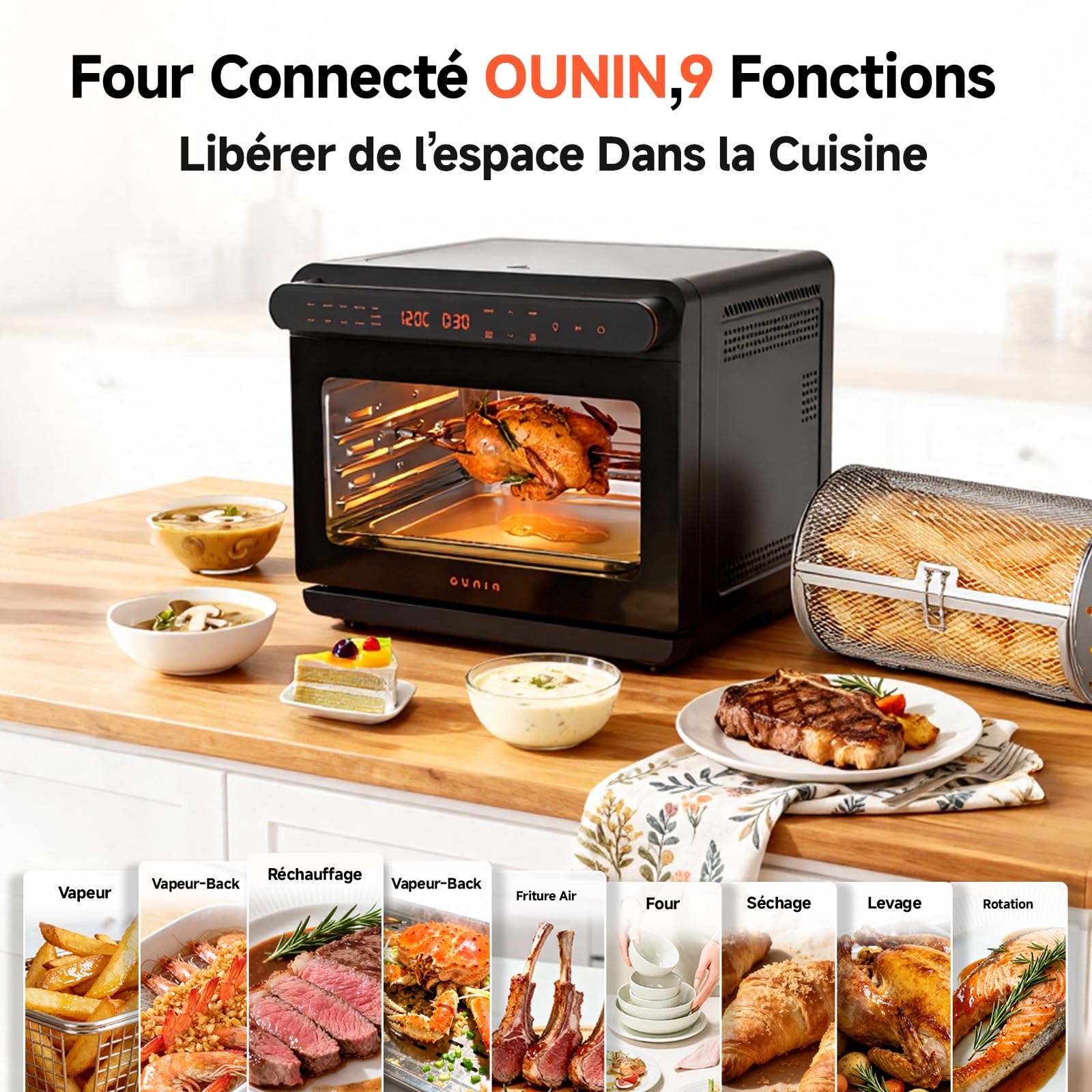 OUNIN 24L Mini Oven, 11-in-1 Steam Oven with Bread Function Oven, 1600 W | 360° Hot Air Circulation, Double Layer Cooking, Roasted Chicken, Gigot, Bread, Steamed Meat and Vegetables