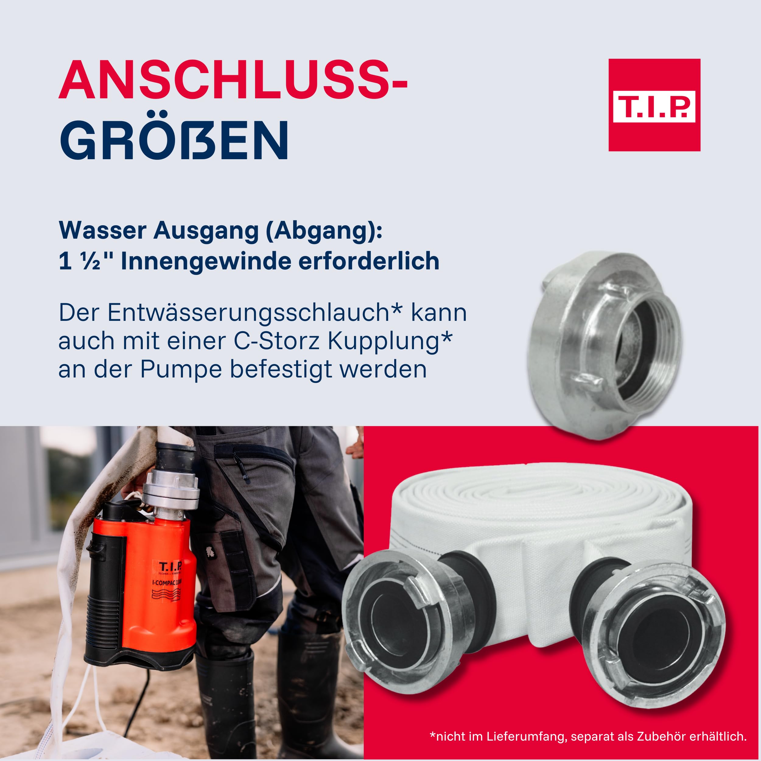 T.I.P. I-Compac 7500 Schmutzwasser Drainage-Tauchpumpe (bis 7.500 l/h Fördermenge, Förderhöhe max. / Druck max. 5 m / 0,5 bar, 400 Watt, für enge Schächte ab 22x22 cm, vertikaler Pumpenausgang) 30190