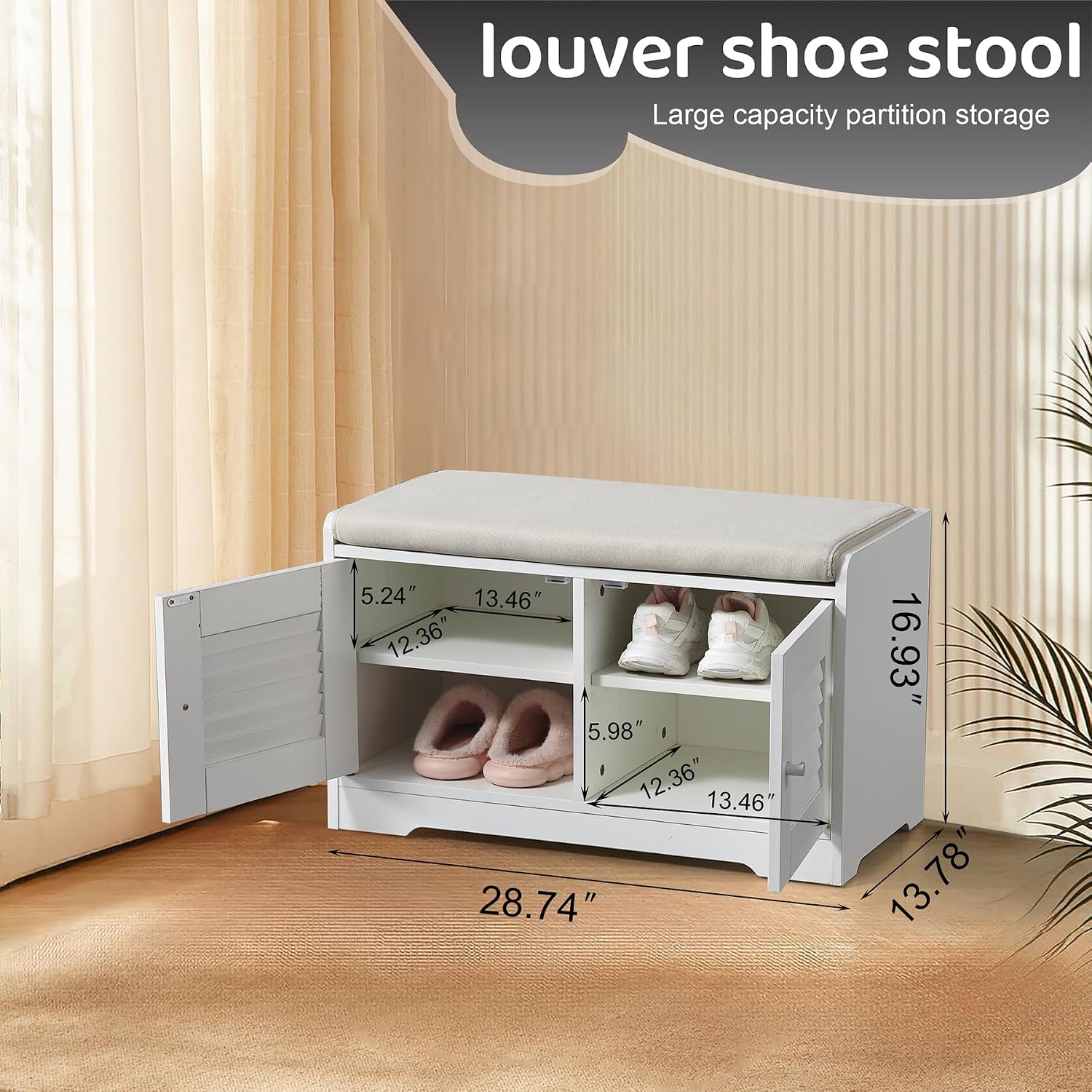 Shoe Storage Bench Cabinet with 2 Door and Cushion, 28.74" Entryway Bench with Shoe Storage Adjustable Shelves Shoe Rack Bench for Hallway Living Room Bedroom Furniture