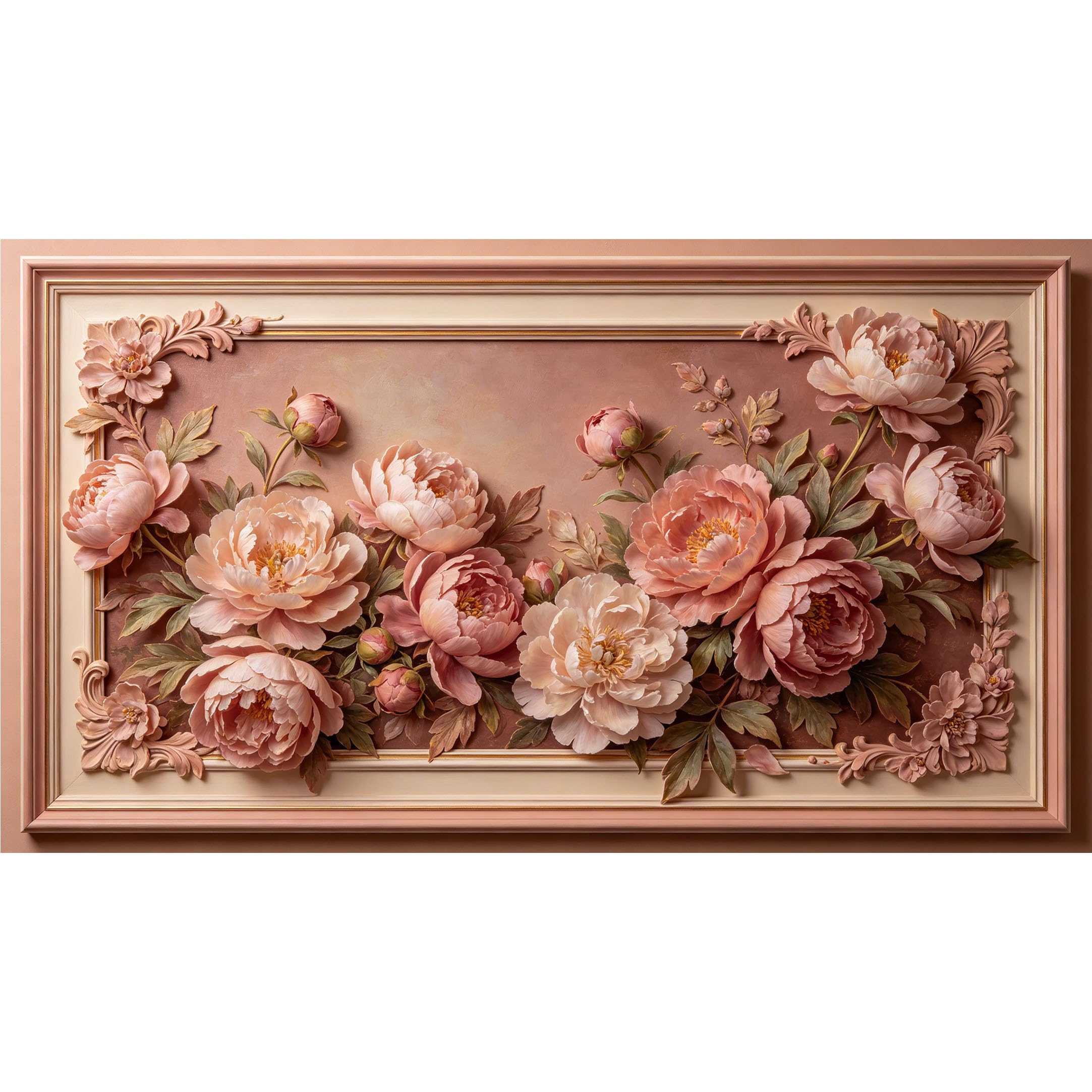 QZLITHOTIC 50x90cm3D Framed Wall Art， Botanical Peony Blossom Relief SelfAdhesive Mural， WaterActivated Peel & Stick Fabric Decor Wall Decal for Bedroom Living Room