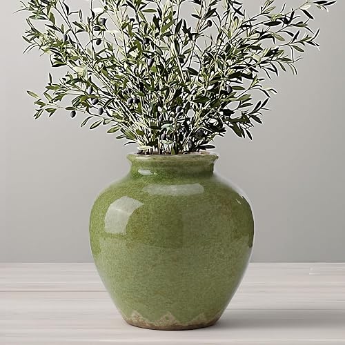 Ceramic Flower Vase Home Decor, 6.2 inch Farmhouse Rustic Vintage Decorative Vases, Pottery Terracotta Boho Flowers Vases for Dining Table, Living Room, Shelf, Kitchen, Bedroom (6.2"-Green)