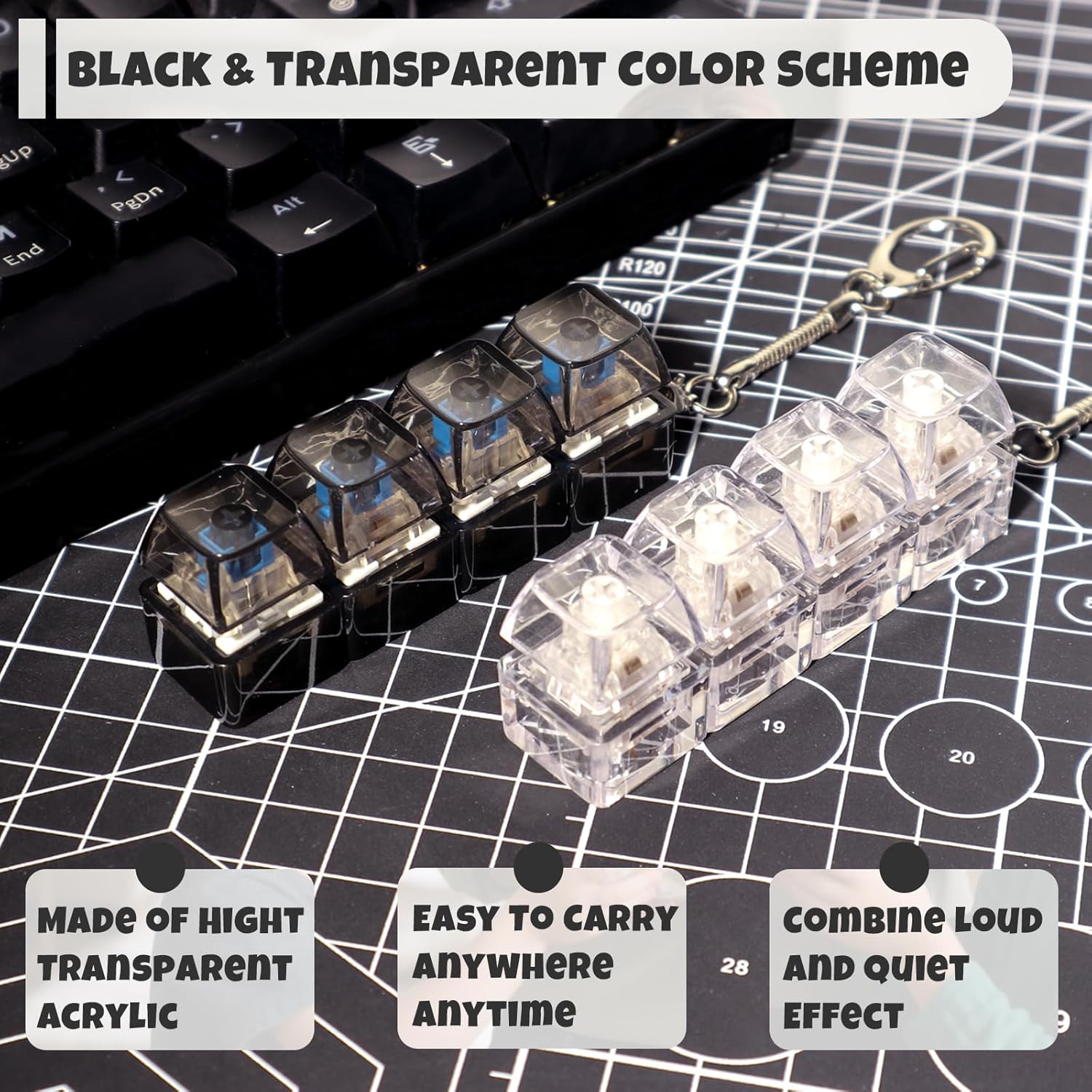 2 Pcs Keyboard Fidget Toy, Quiet & Loud Clicker Fidget Toys for Adults Anxiety Stress Relief, Trendy & Portable Pop Fidget Keychain, Silent Stress Toy Gift for Women Men (Black & Clear)