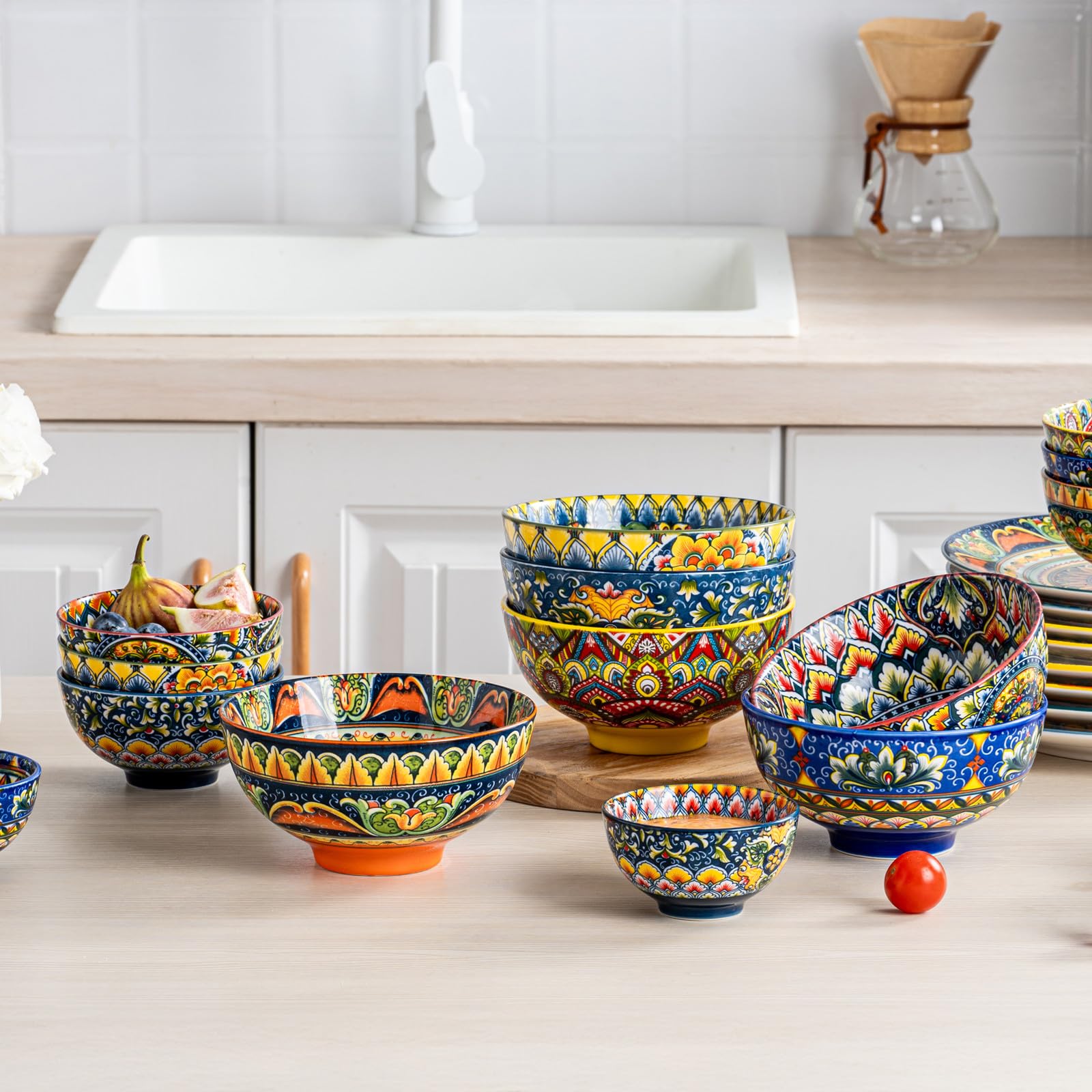 Henten Home Miski do płatków śniadaniowych, ceramiczny zestaw misek do zupy 6 sztuk - 680 ml, miski do serwowania płatków śniadaniowych/zupy/płatków kukurydzianych/śniadania, dwustronny wzór, kolorowe