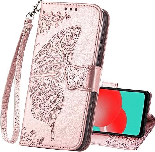 Funda protectora para Samsung Galaxy A32 5G, piel sintética, con correa para muñeca, ranuras para tarjetas, bolsillo en relieve, diseño de flores y