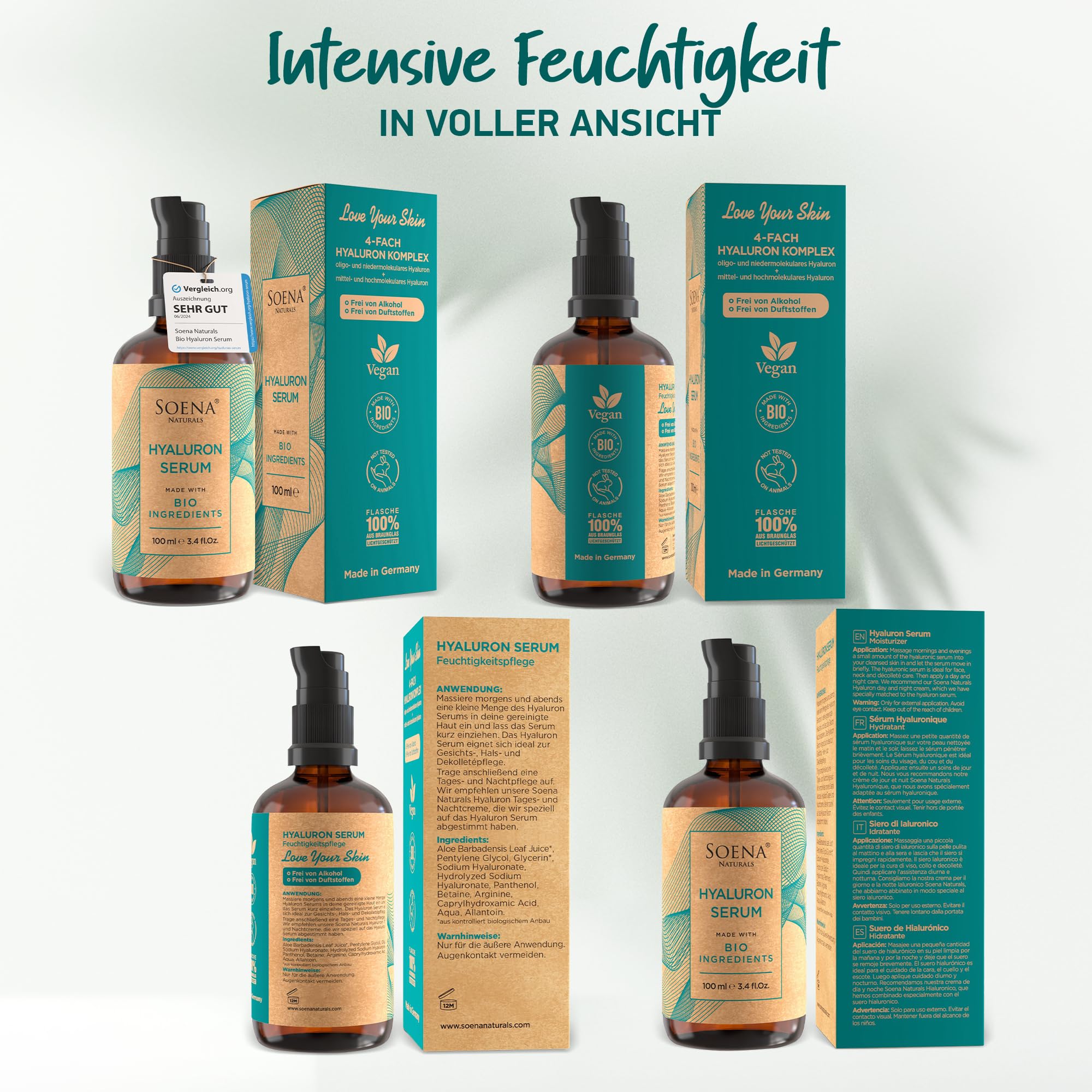 Bio Hyaluron Serum Hochdosiert - Beste Hyaluronsäure (Oligo) - 8-Fach Anti-Falten-Komplex- Mit 4 Hyalurongrößen - Frei von Alkohol & Parfüm 100ml - Hyaluronsäure Serum