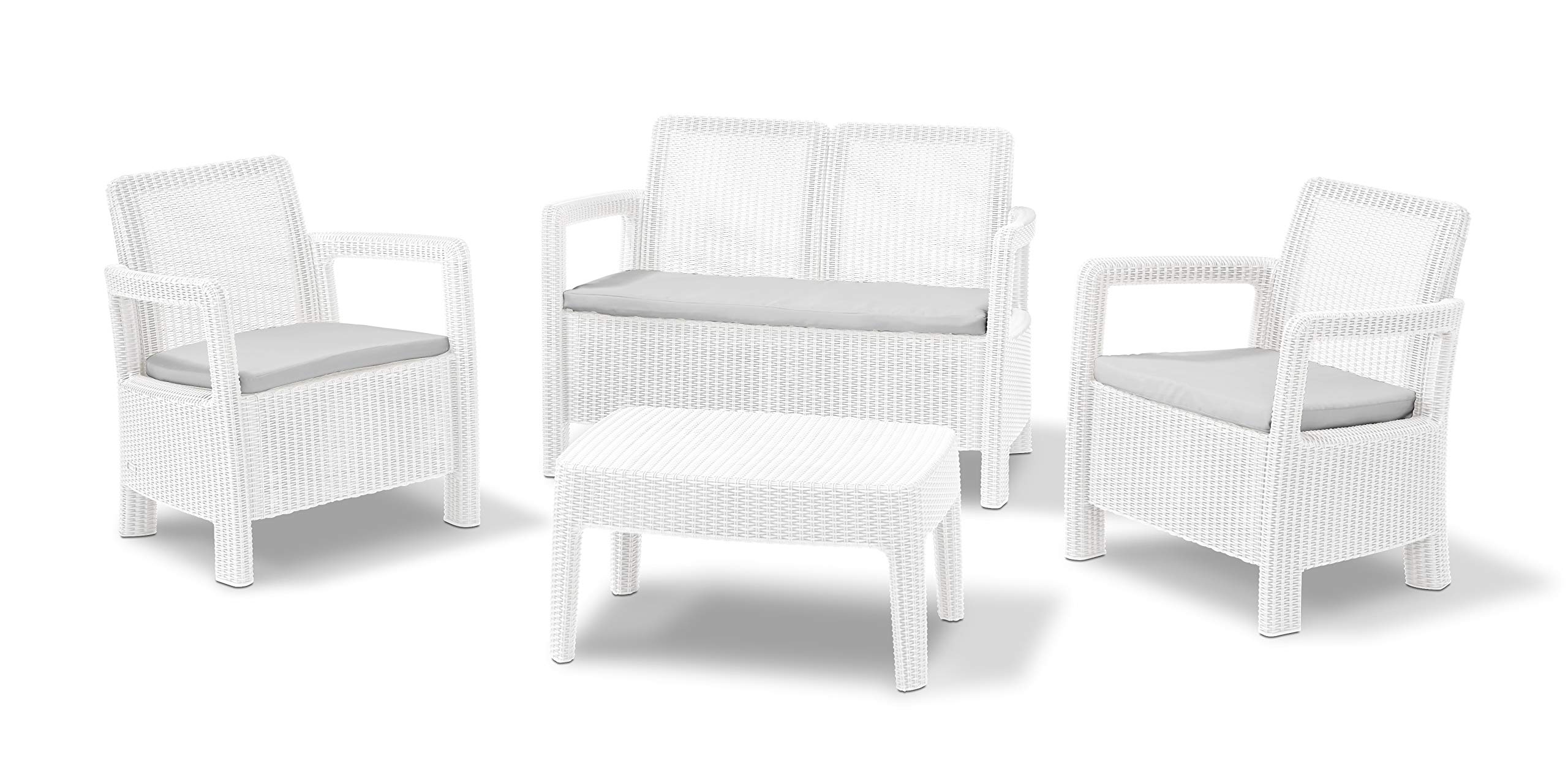 Keter Tarifa Lounge Conjunto de jardín o terraza Exterior 4 plazas y Mesa con Cojines incluidos, Resina con Acabado ratán Redondo, Color Blanco | 120x80x59 cm, Color Blanco, Resina con Acabado ratán Redondo,Cojines incluidos