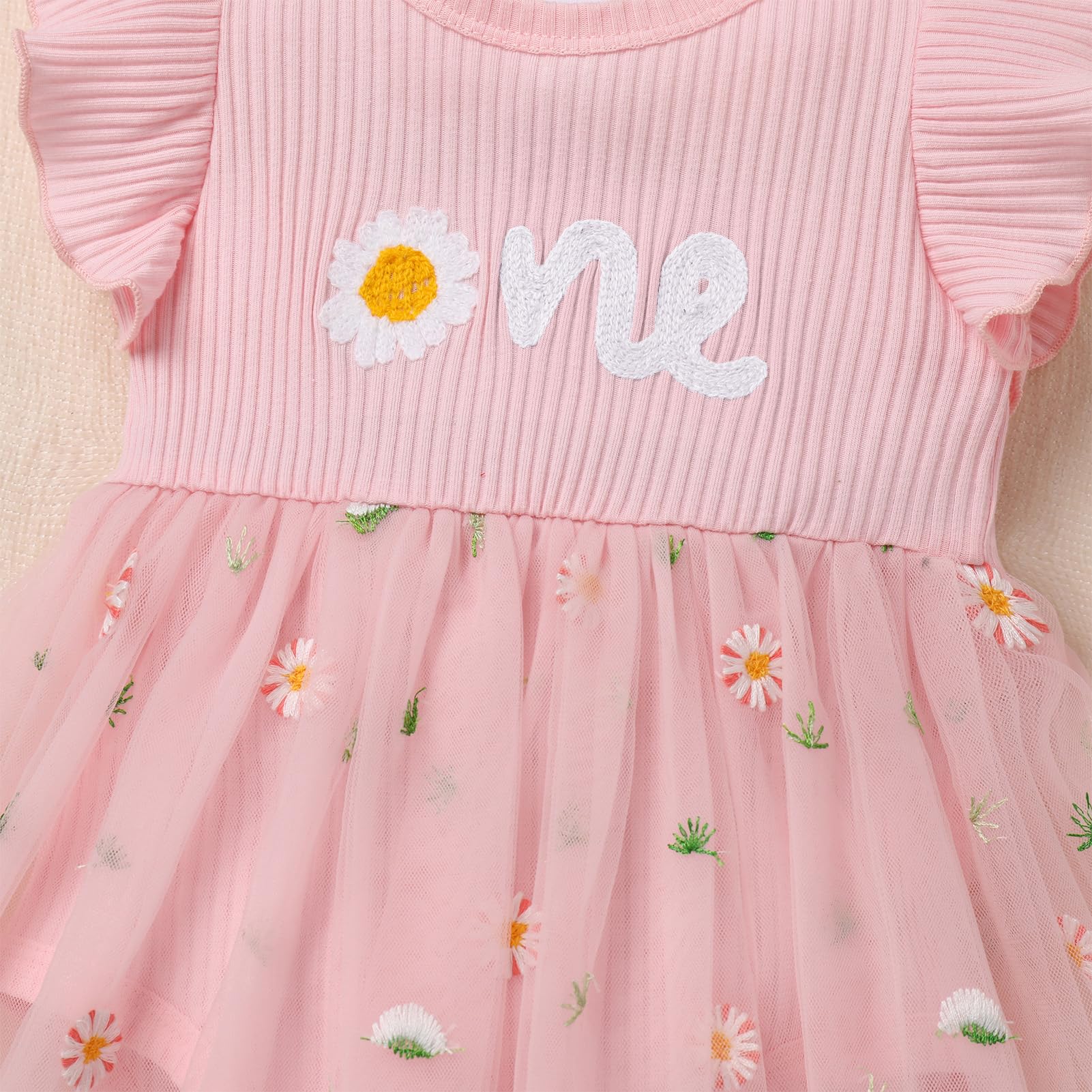 Odizli Vestito per bambine per il primo compleanno, con maniche svolazzanti, in maglia a costine, con tulle ricamato + fascia per capelli per servizio fotografico