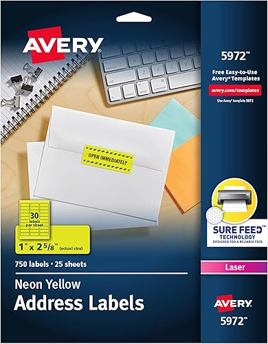 Avery Etiquetas de dirección imprimibles con alimentación segura, 1" x 2-58", amarillo neón, 750 etiquetas de correo en blanco (5972)
