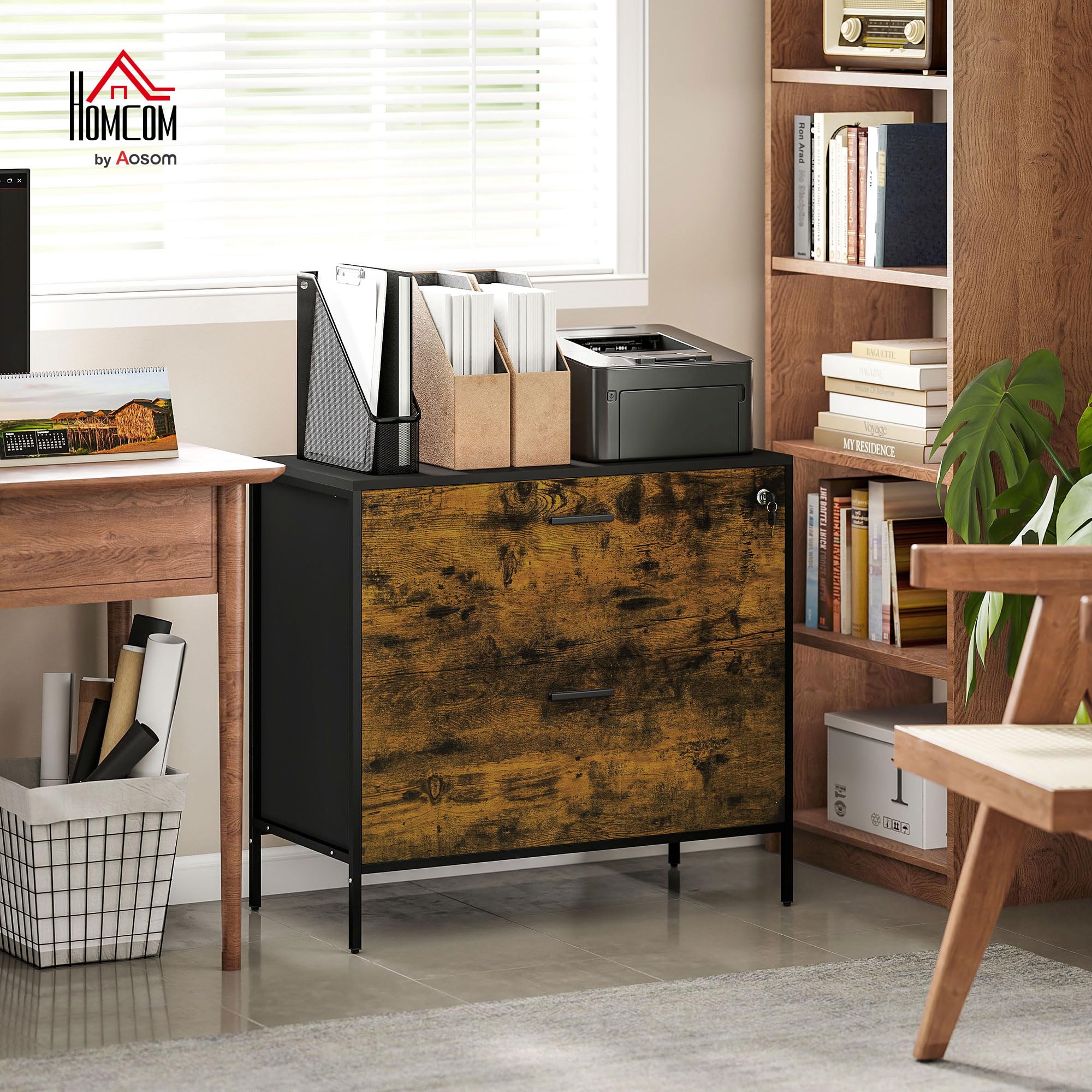 HOMCOM Cassettiera da ufficio industriale con 2 cassetti e serratura cassetto per raccoglitori con cartelle sospese, dimensioni A4, 80 x 39 x 73,5 cm, marrone
