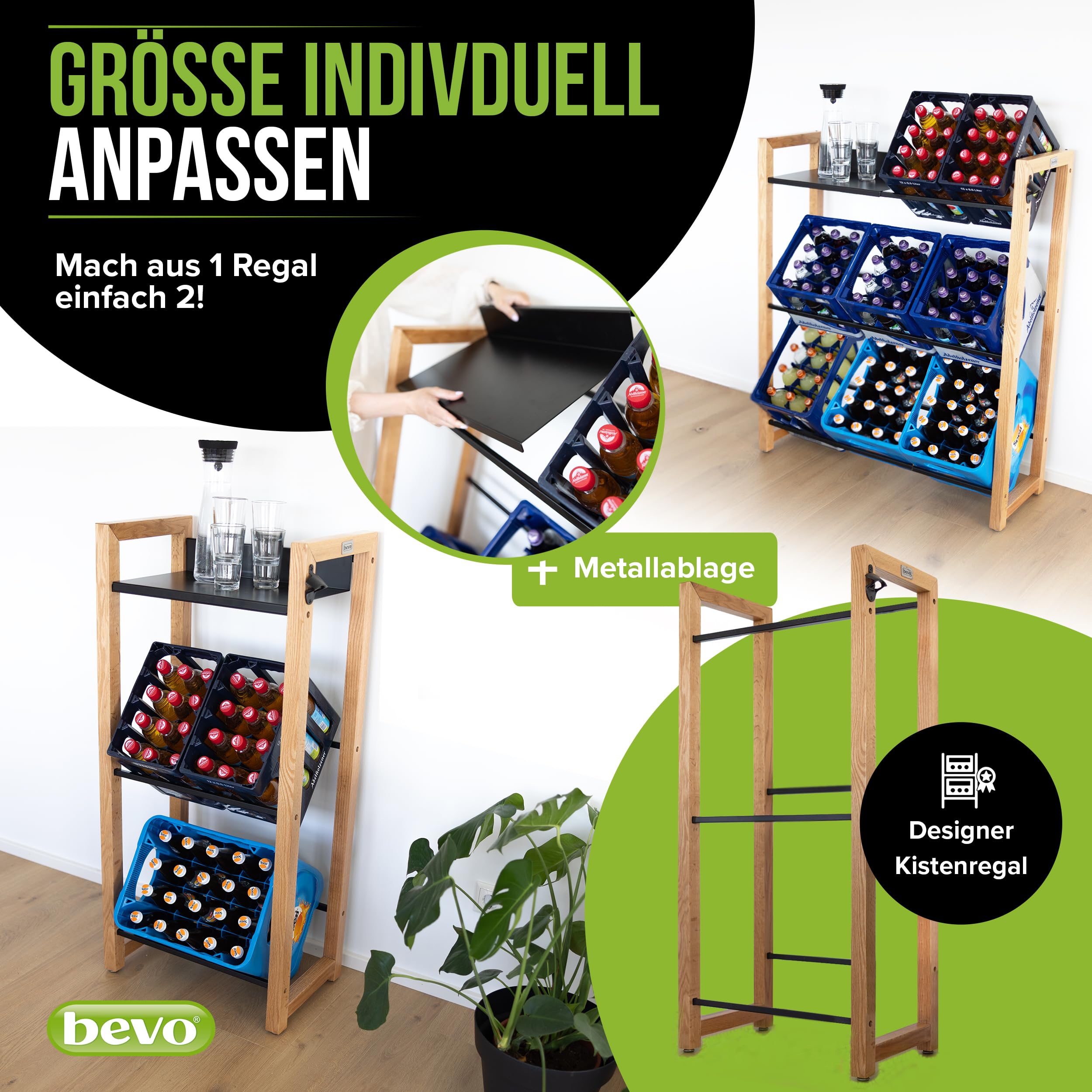 bevo - Getränkekistenregal für 2-6 Kisten aus Eiche Holz inkl. Metall-Ablage - Getränkeregal & Kistenregal mit 2 Stangenlängen (individuell verstellbar) - Getränkekisten Regal für Getränke & Kästen