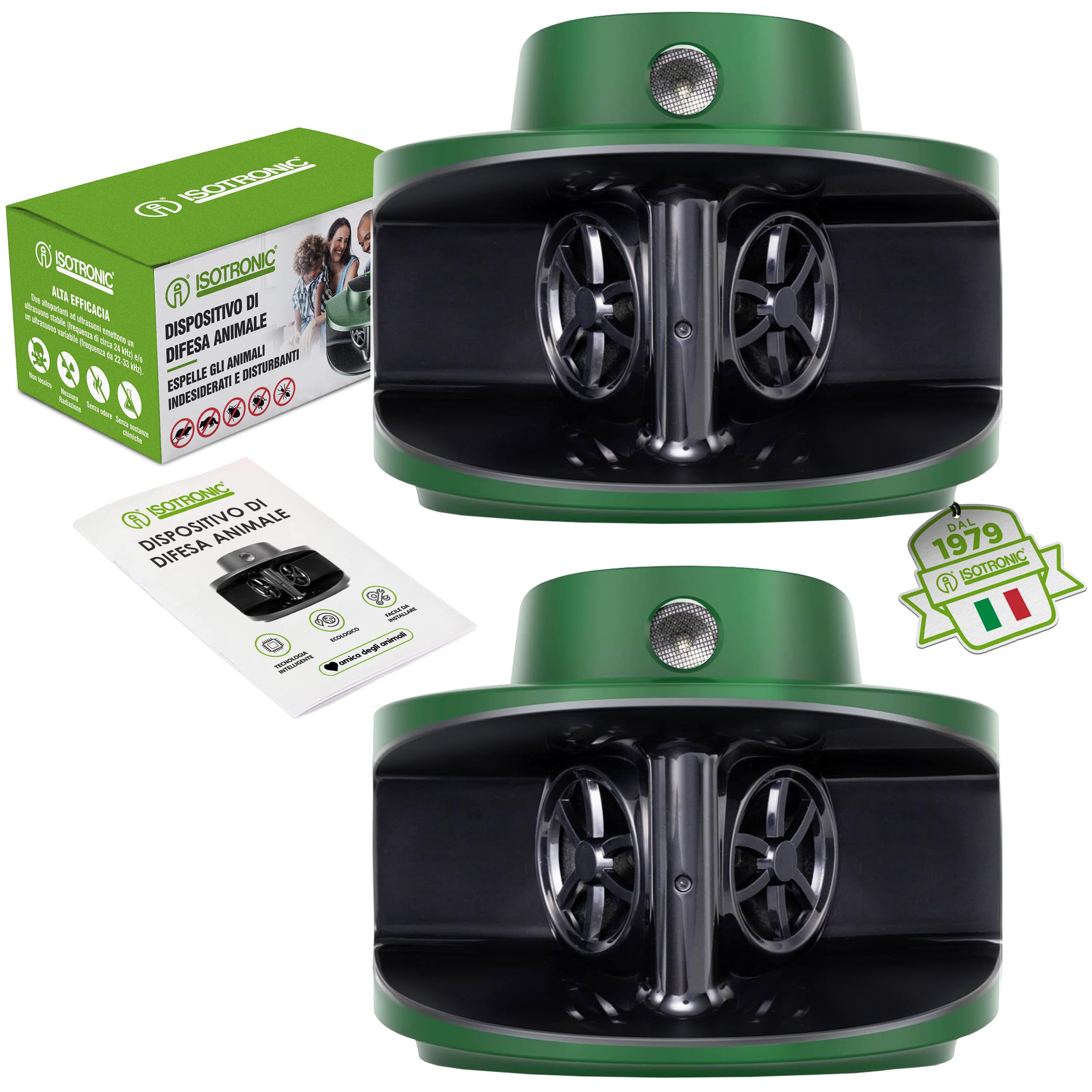 ISOTRONIC repellente topi ultrasuoni ratti scarafaggi procioni parassiti casa cantina giardino senza veleno portata 40m² 2 unità efficace interno esterno protezione difesa dissuasore stop insetti