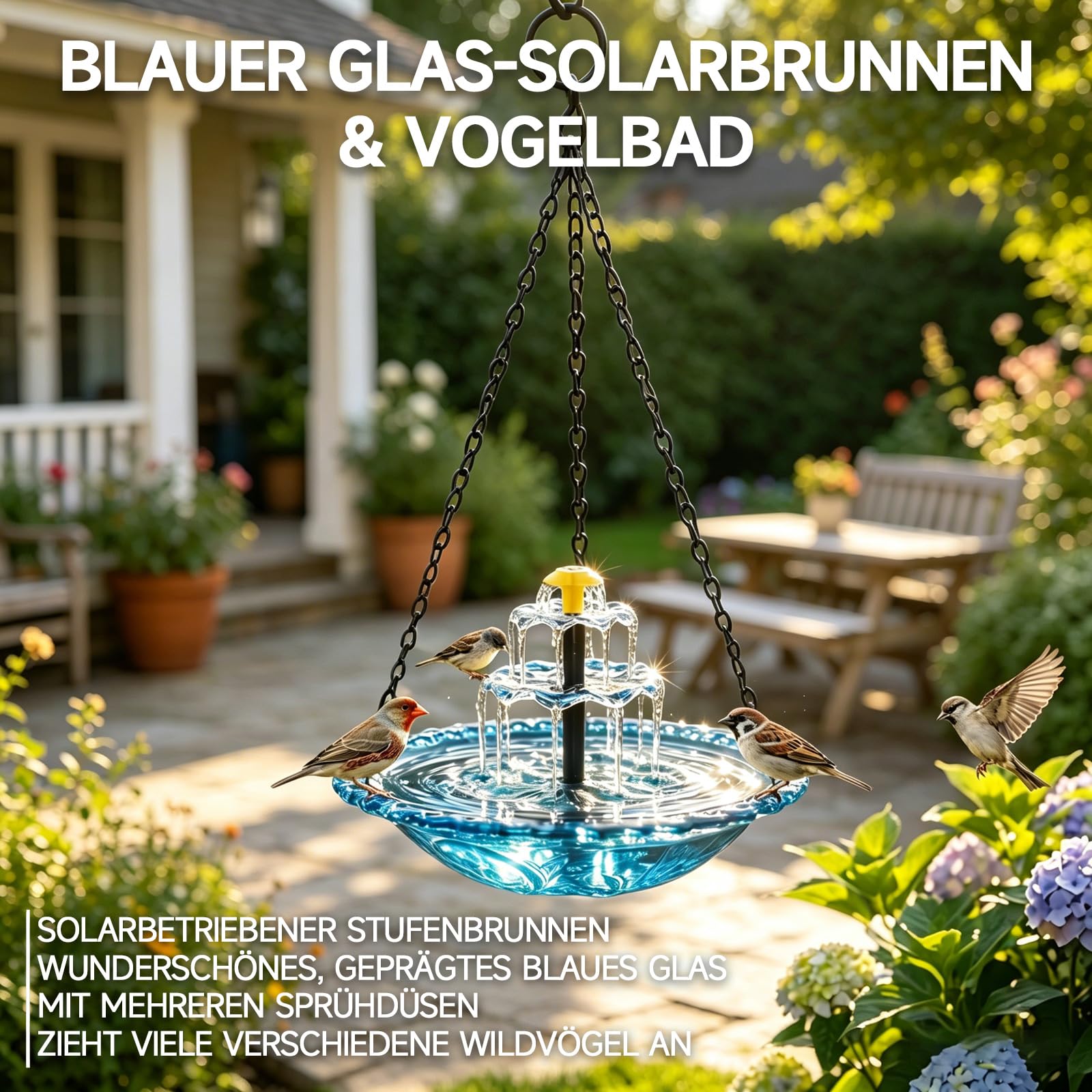 Vogeltränke Hängend, Vogeltränke Hängend mit Solarbrunnen, Vogeltränke mit Springbrunnen Solar, 3 Stufig Vogeltränke zum Aufhängen, Solarbetriebenes Vogelbad Garten für Garten Hof Terrasse Balkon