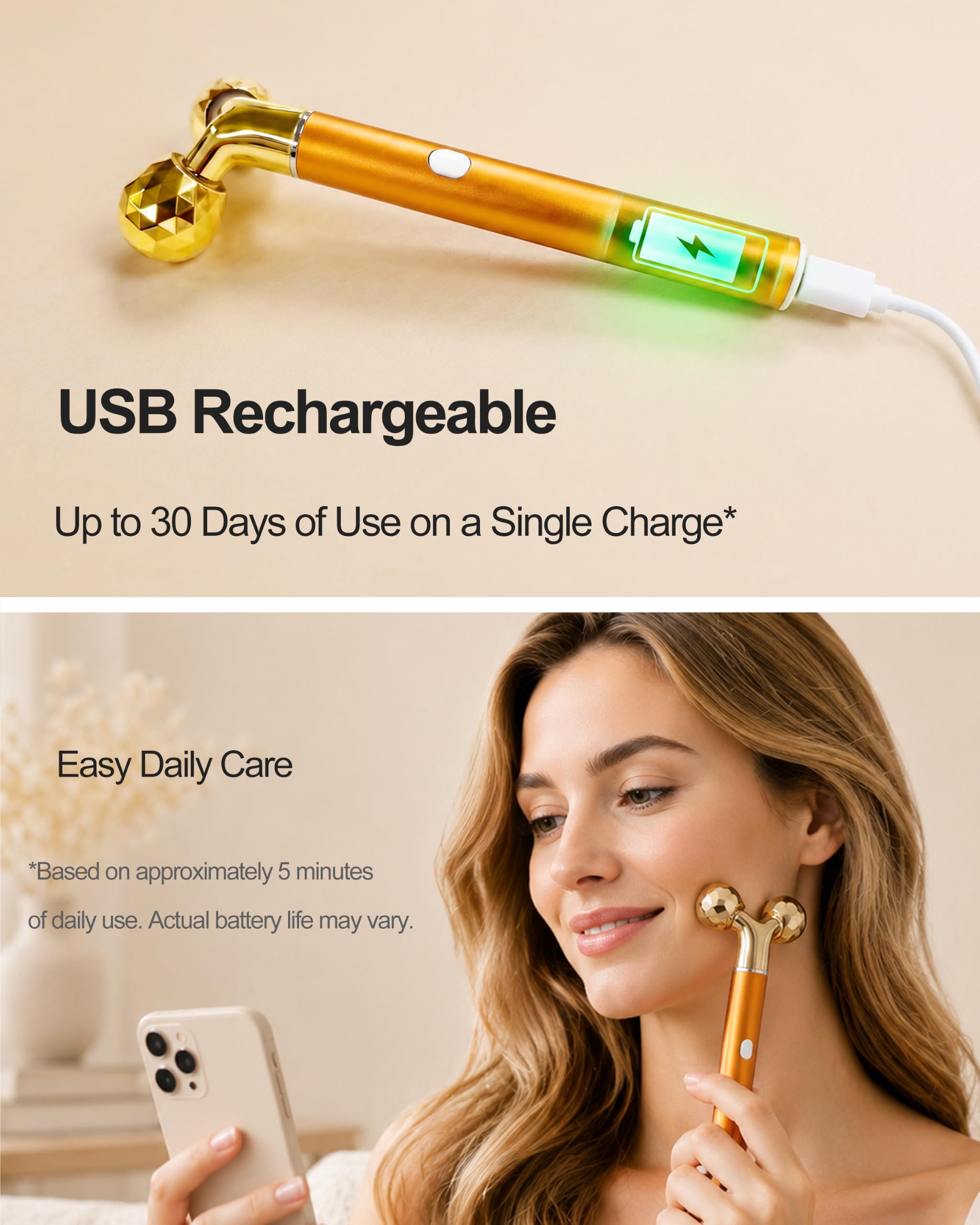 Rodillo masajeador facial recargable, masajeador facial con barra en T vibrante dorada y rodillo facial 3D para drenaje linfático, depuffer facial para mandíbula, cara hinchada y rutina de