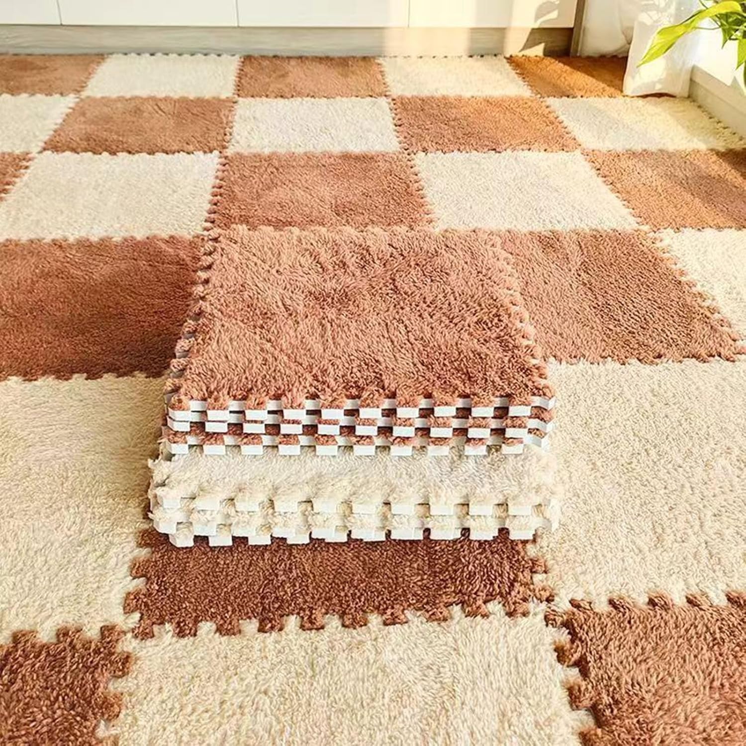 Tapetes cuadrados de espuma entrelazados alfombras de felpa café y albaricoque para hogar