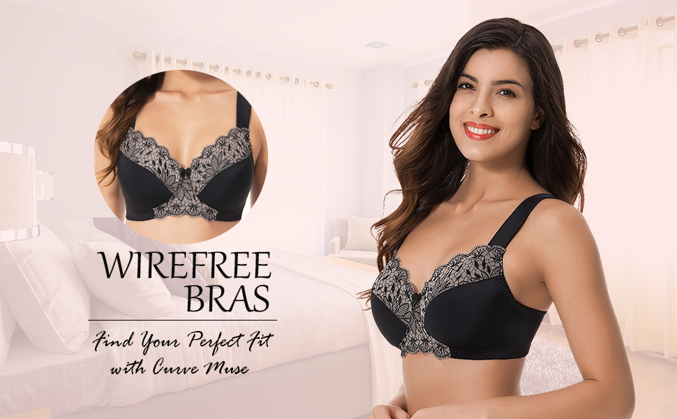 Curve Muse Grote maat Ongevoerd Minimizer Draadloze beha's met geborduurd kant-Verpakking Van 3 Stuks-Grijs,Bordeaux,Zwart -80D