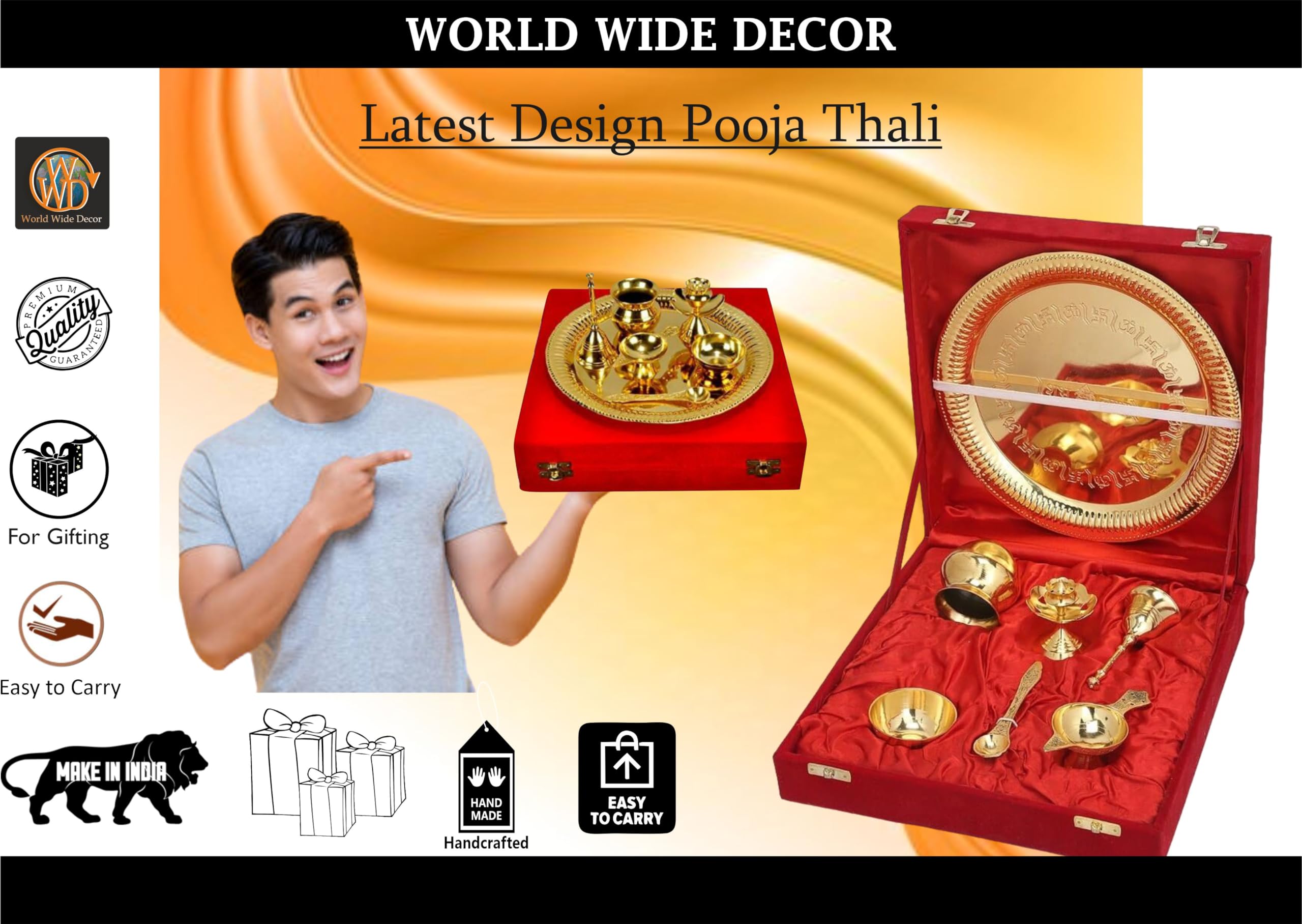 Brass Pooja Thali Set - 7 Piece Gift Box -6