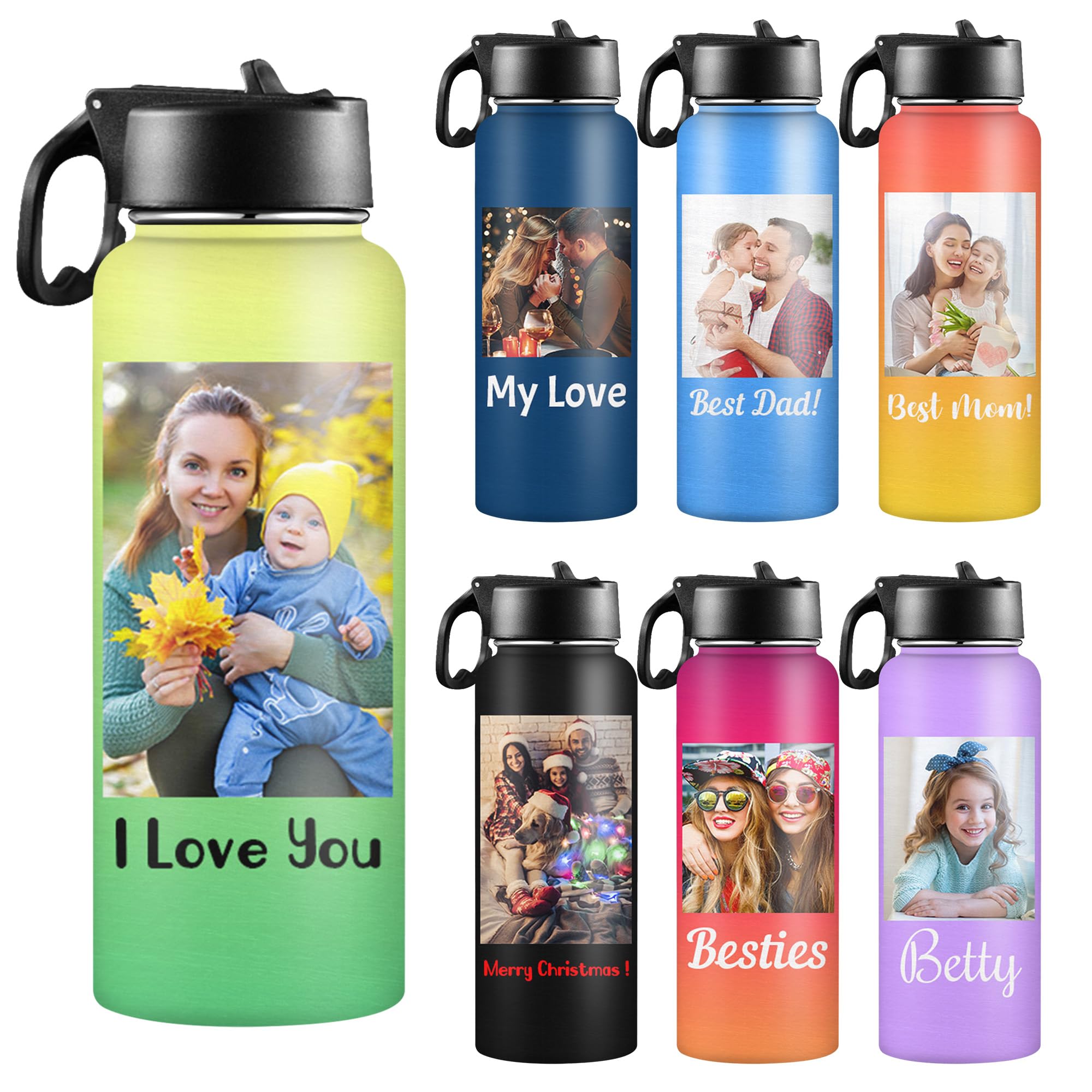 Personalized Insulated Water Bottle with Straw, Christmas Birthday Gift for Kids Women Men, Custom Stainless Steel Thermoses Cup with Photos Pictures