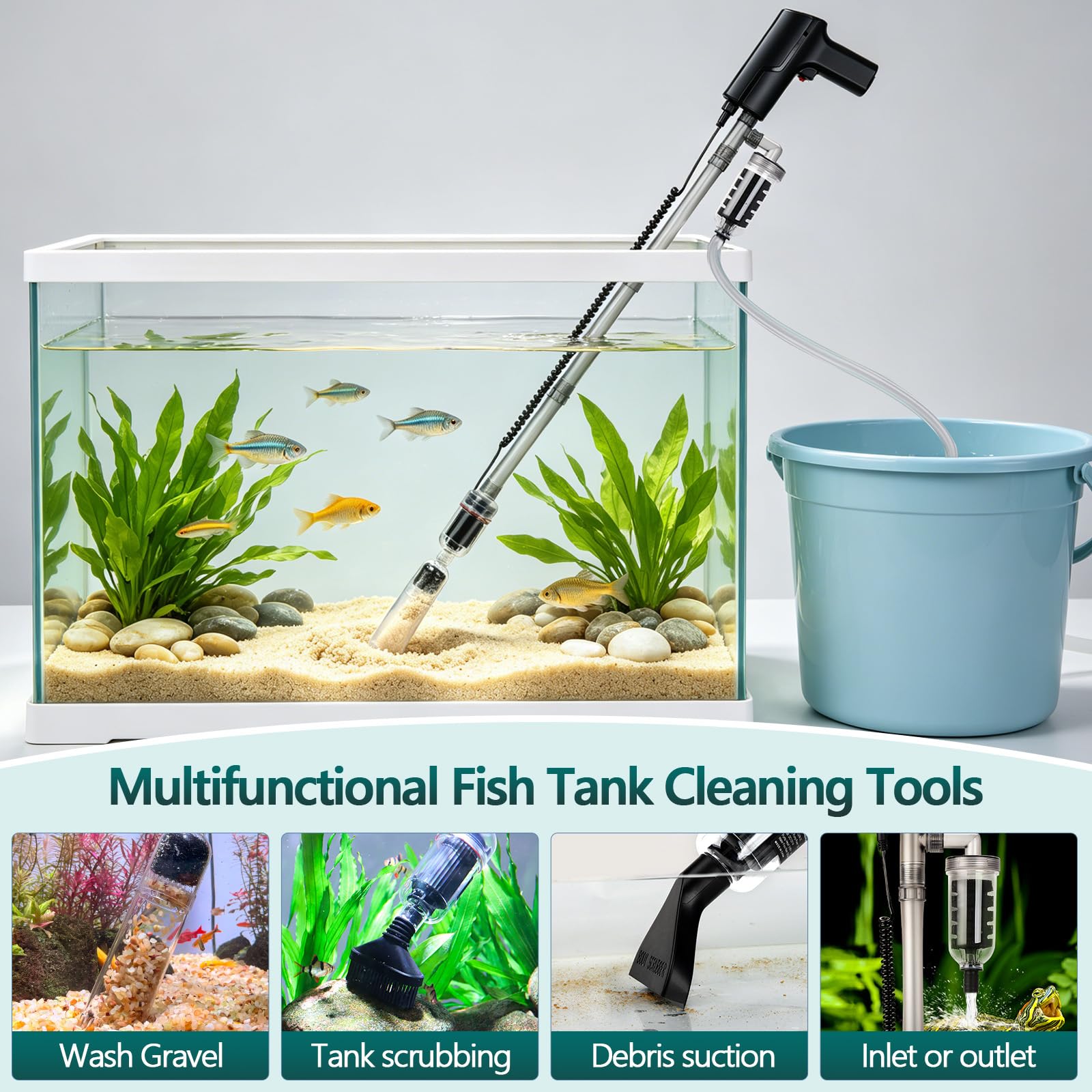 Hygger Limpiador de Grava para Acuarios,2000L/H Cambiador de Agua Eléctrico para Peceras 15W Multifuncional Aspirador para Acuario