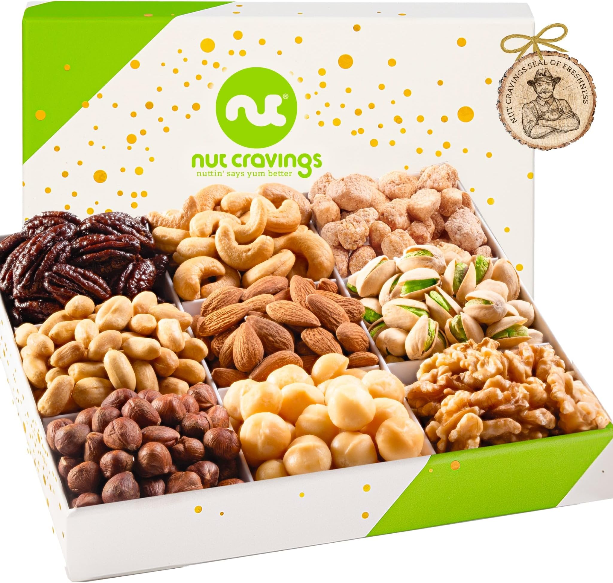 NUT CRAVINGS - Easter Mixed Nuts Gift Basket in White Gold Box (9 Assortments) Treats for Adults, Food Arrangement, Healthy Snack Care Package, Kosher