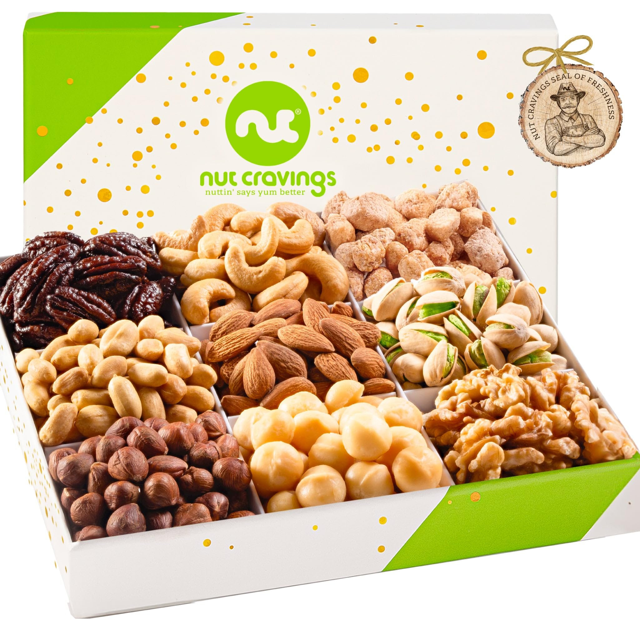NUT CRAVINGS - Diwali Sweets Hamper Mid-Autumn Festival Mixed Nuts Gift Basket in White Gold Box (9 Assortments) Food Arrangement, Healthy Snack Care Package, Food Assortments