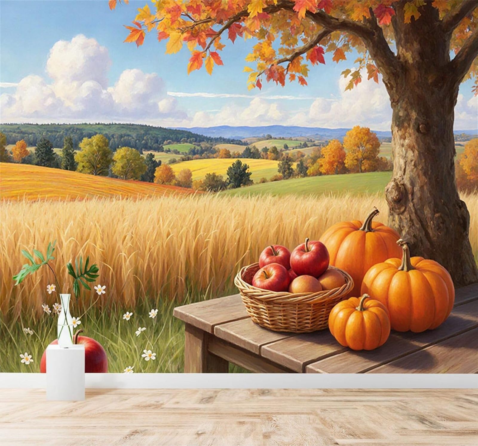 XLMING Pumpkin Golden Fields Trees Hills Autumn Harvest Scenery 3D Wallpaper Silky Texture Home Study Office Grey Dining Room Sofa Bedroom Living Room TV Backdrop-350cm×256cm