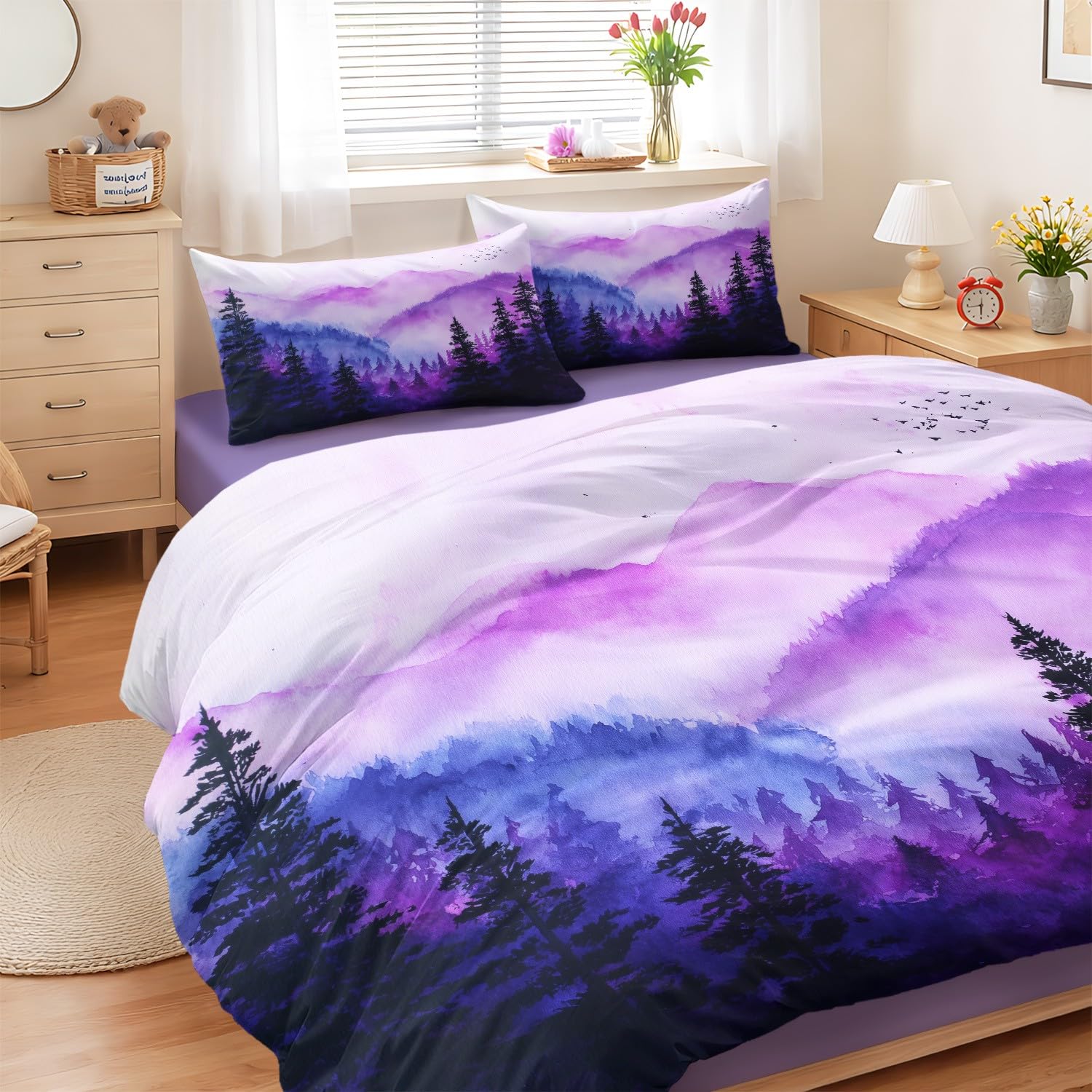 Parure de lit 220x240 cm avec drap housse et taies en microfibre paysage nordique