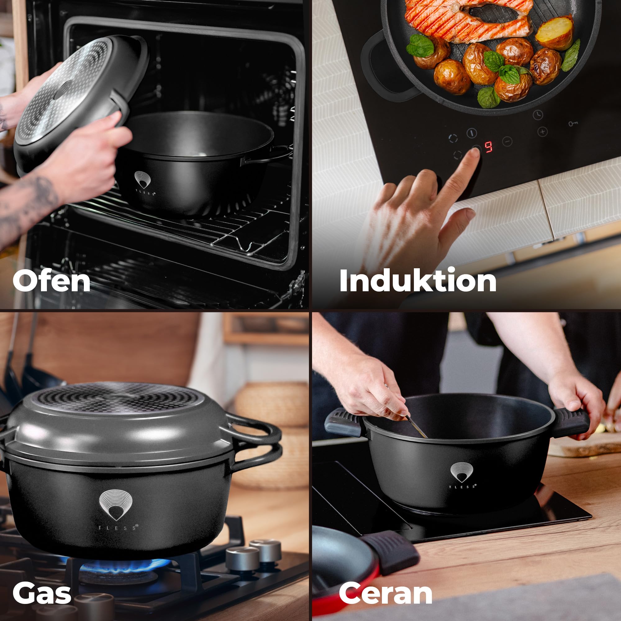 TLESS® 2in1 Aluguss Bräter mit Deckel backofengeeignet | Schmorpfanne & Schmortopf oder als Bratentopf für Induktion | sehr leicht & widerstandsfähig | Ø 24 cm 4 Liter schwarz