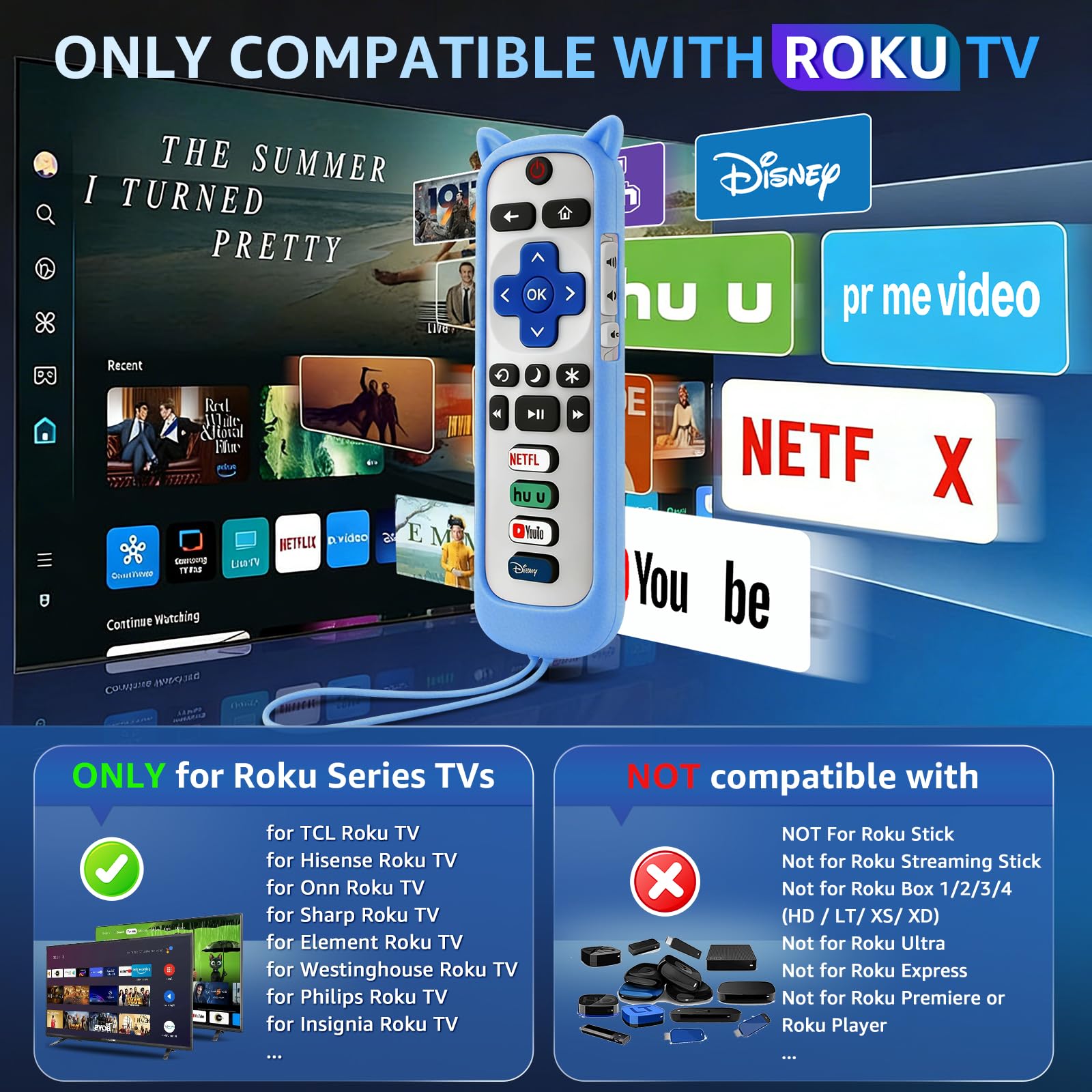 (3 Stück) Ersatzfernbedienung nur für Roku TV mit weicher Silikon-Schutzhülle (leuchtet im Dunkeln), Universal-Fernbedienung für TCL/Onn/Hisense/Sharp/Element/Philips Roku Smart TV (elegantes Weiß)