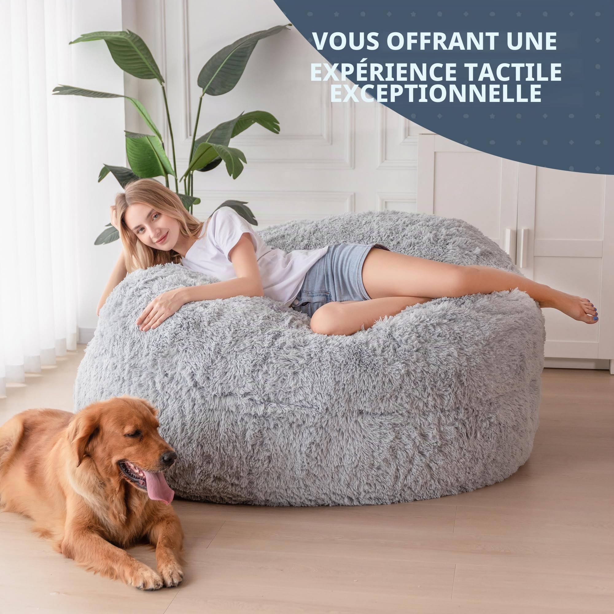 MAXYOYO Pouf géant – Se Plie Convertible du Pouf au lit – Grand canapé avec Housse en Peluche et Rembourrage Moelleux Inclus pour Adultes, Couples, invités (Gris, Simple)