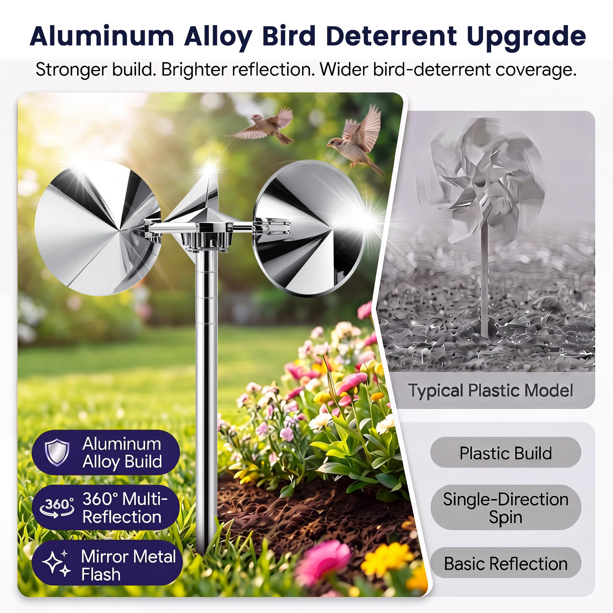 Reflektierende Vogelabwehrpfähle, windbetriebenes Aluminium, Vogelabwehr, für draußen, humane Abwehr aller Vögel, Tauben, Spatzen, Spechte für Hof und Garten, verstellbarer Hals, 2 Stück