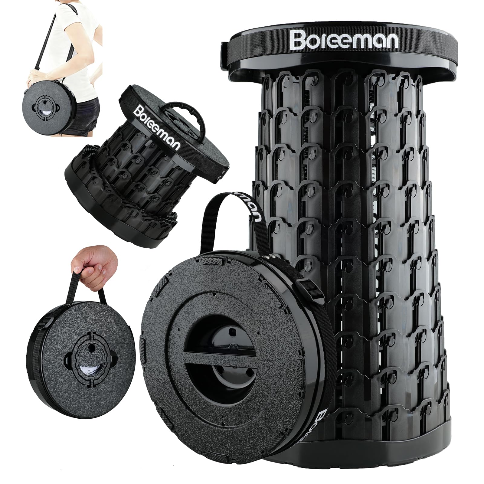 Boreeman 2026 Upgraded Collapsible Stool Lightweight Yet Sturdy with Load Capacity 800lbs Portable Folding Stool for Camping Fishing Hiking BBQ (Black)