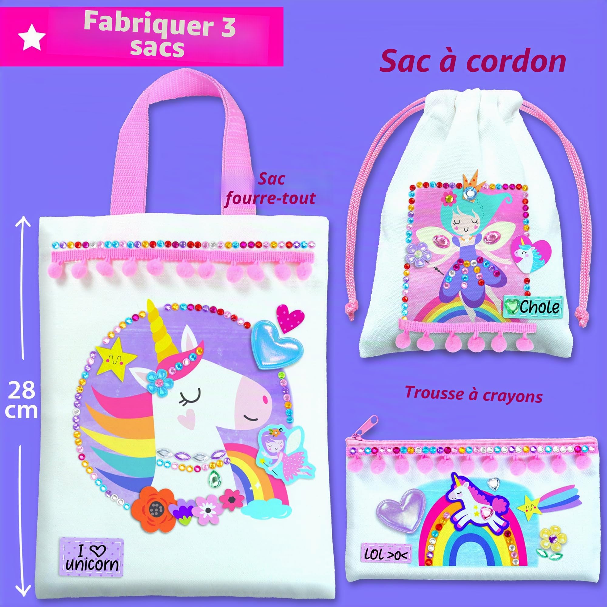 KRAFUN Kit Décoration Sac Licorne & Fée dès 5 Ans, 3 Sacs