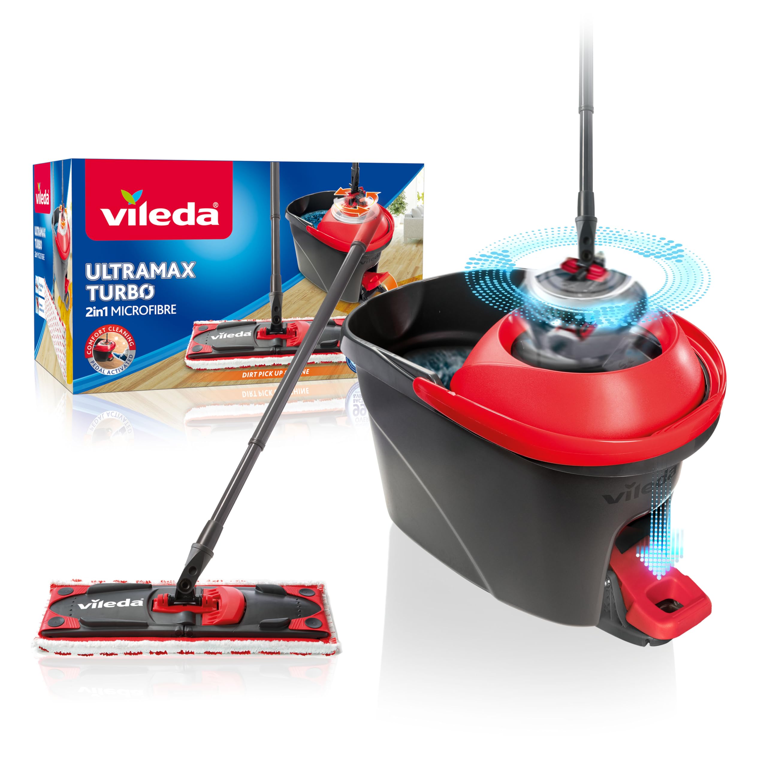 Ultramax Turbo 2-in-1 Floor Mop Complete Set, Mop with Telescopic Handle, Microfibre Cover and Bucket with Power Spinner, for All Hard Floors, Handle Length 75-130 cm, Eco Packaging