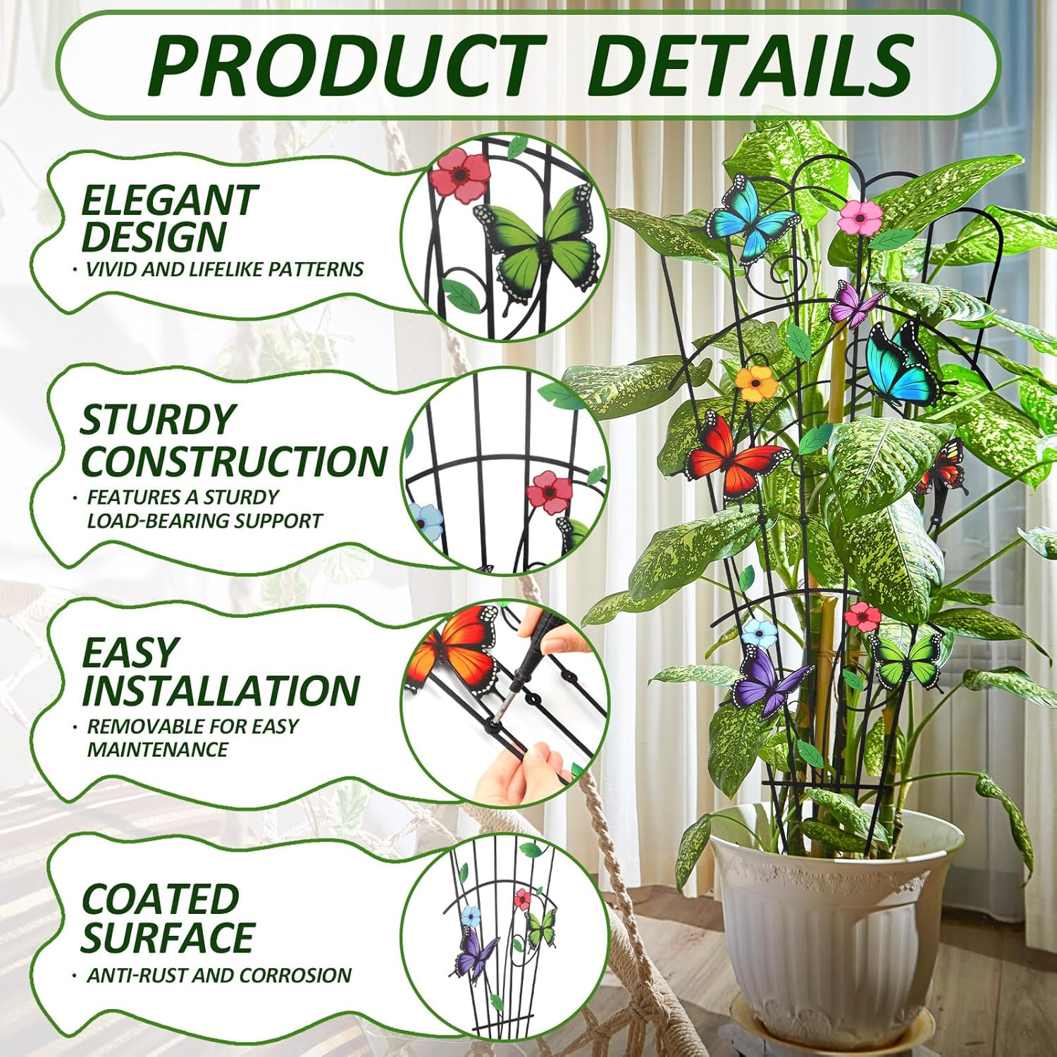 LEIFIDE 2 Pcs 33in Butterfly Plant Trellis for Climbing Plants Indoor, Expandable Large Metal Trellis for Potted, Heavy-Duty Tall Rustproof Houseplant Support for Flowers