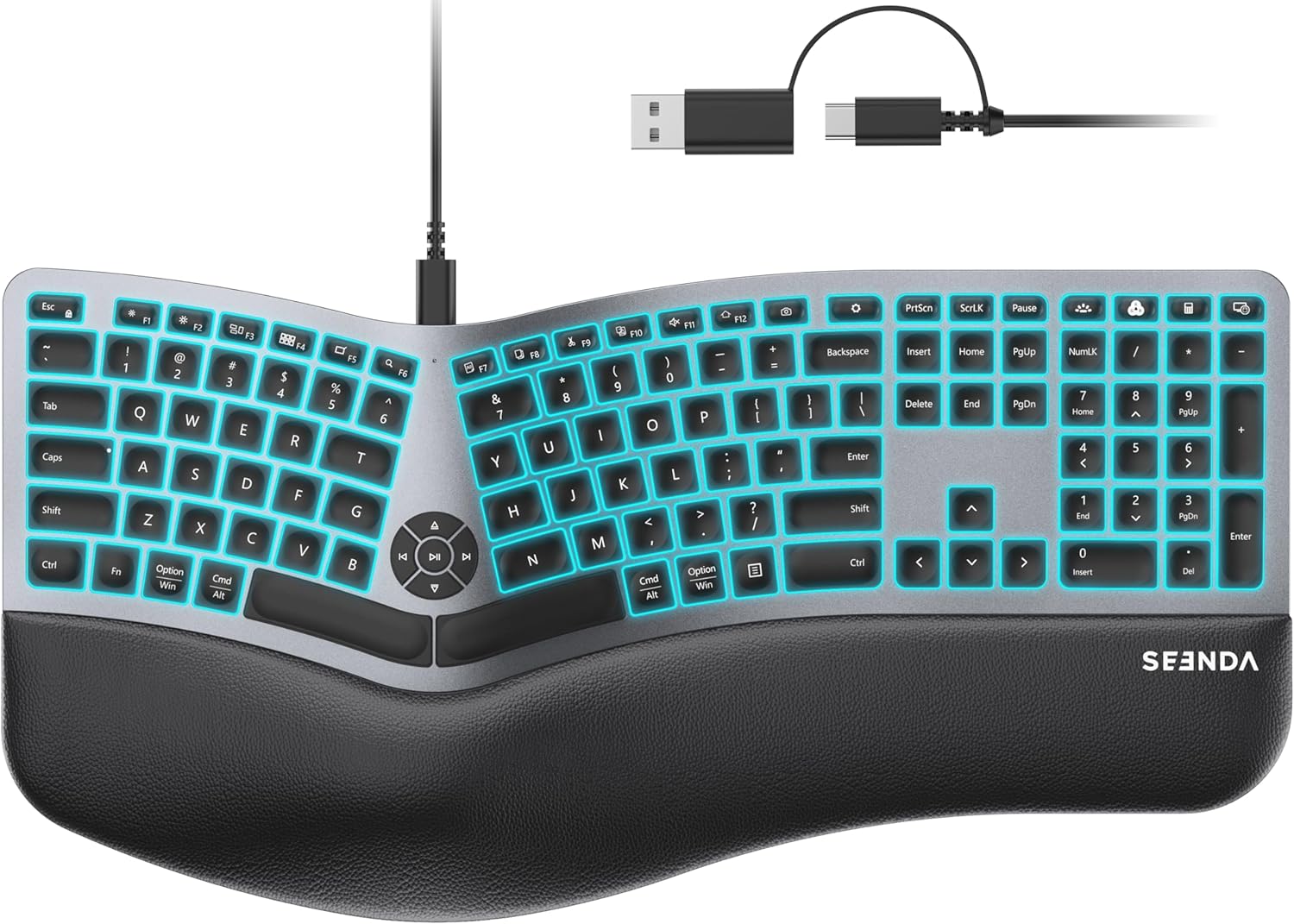 seenda 7-color backlit wired ergonomic keyboard, kuw01 usb & type-c wired split keyboard, cushioned wrist rest, full size with numpad, compatible for windows, macos, pc, laptop, macbook - black gray