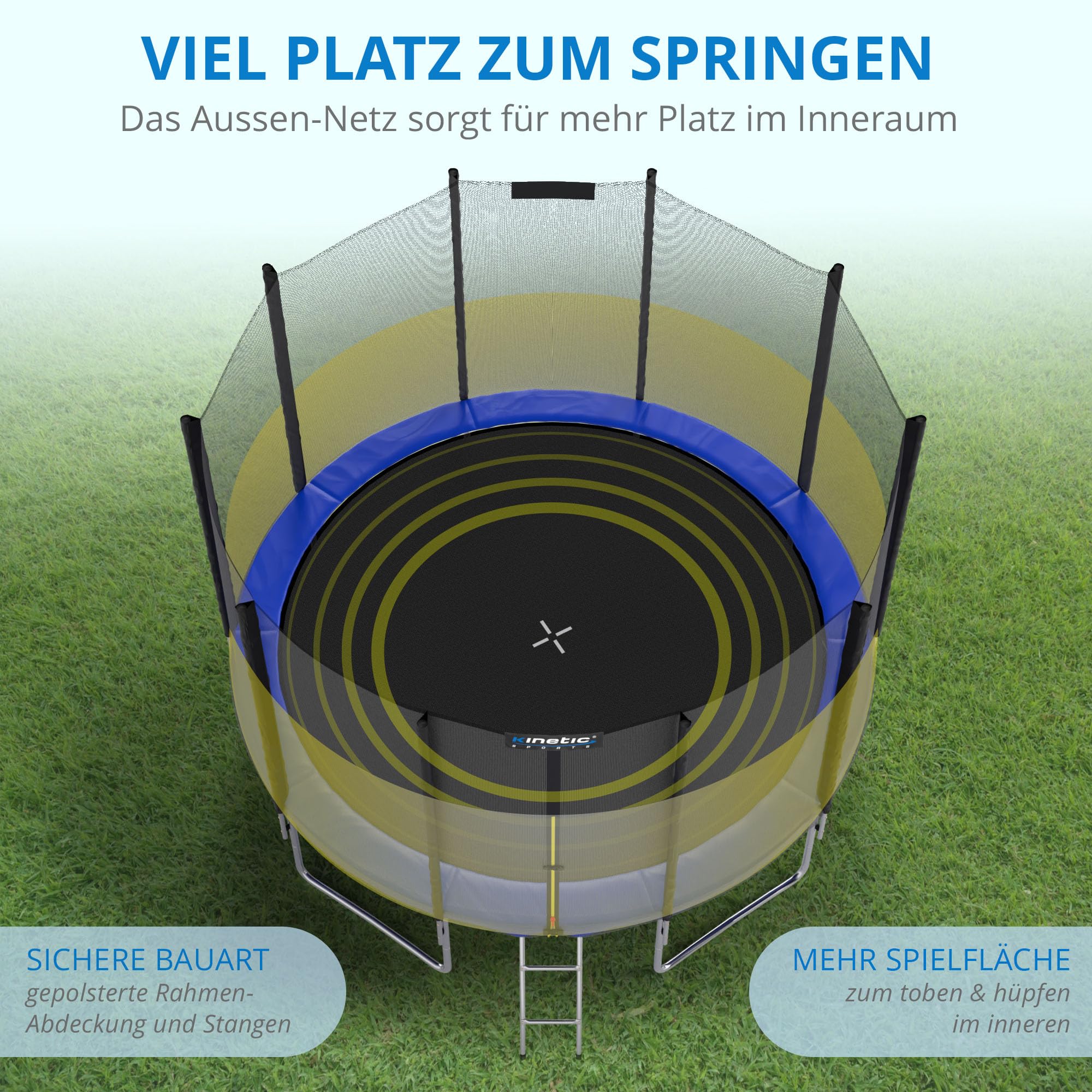 KINETIC SPORTS Trampolin Outdoor 'Salto Plus' Ø 183/244/305/366/400/430/490 cm - Komplett-Set für Kinder, USA Sprungtuch, Netz, Randpolster, Leiter
