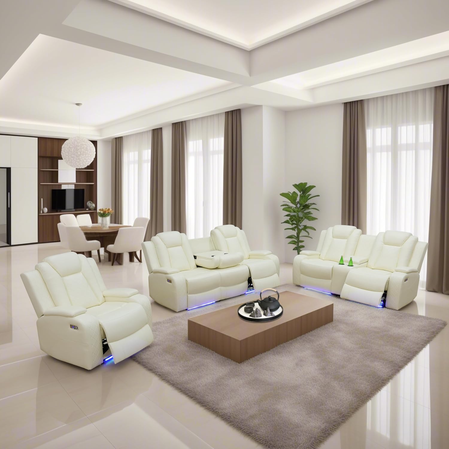 Power Reclining Sofa Set with LED Lights, Leather Recliner Couch Set with USB Ports, Cup Holders & Armrest Storage, Modern Breathable Living Room Furniture (3 Piece, White)