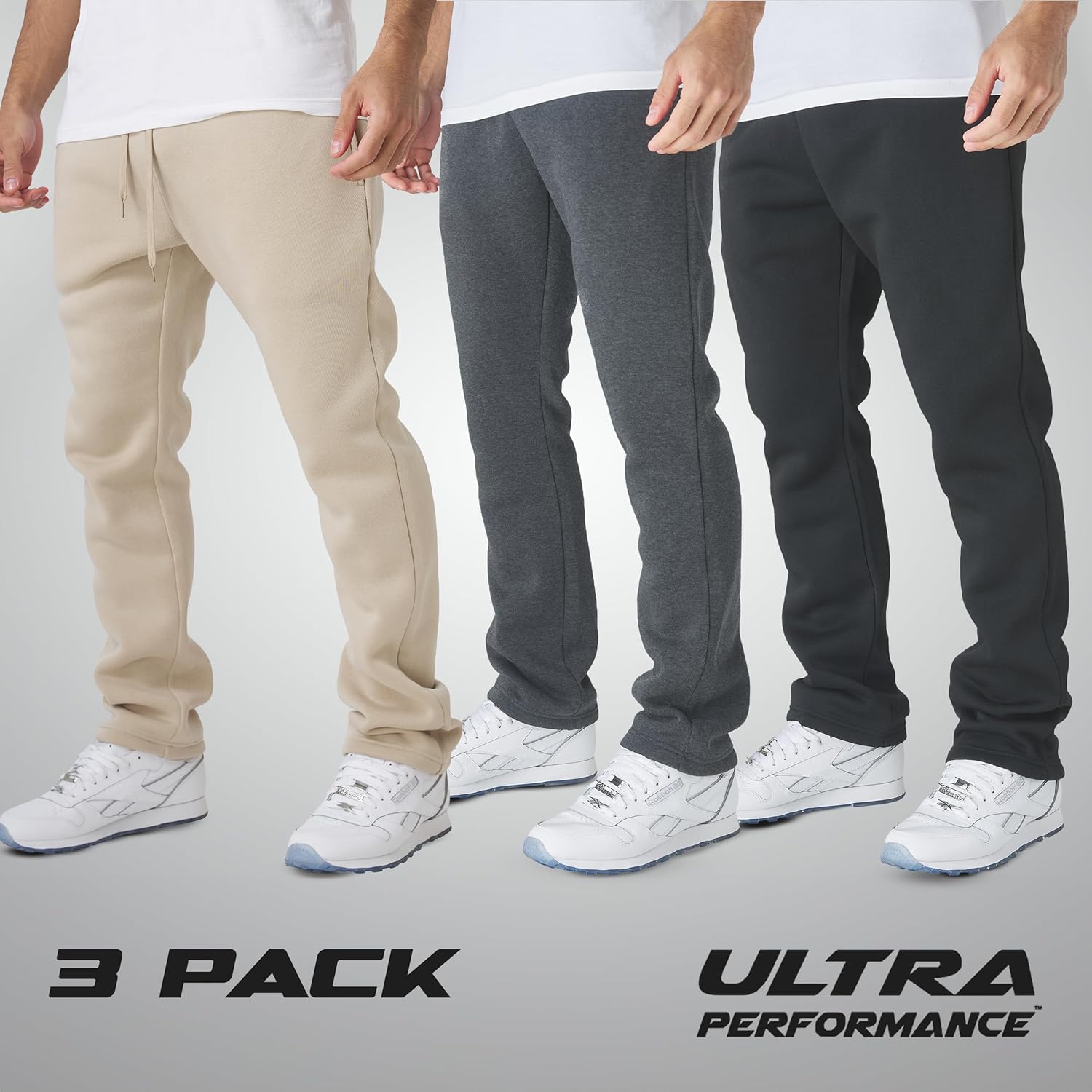 Ultra Performance 3 Pack Mens Fleece Wide Leg Sweatpants with Pockets, Open Bottom Workout Sweatpants for Men - Image 2